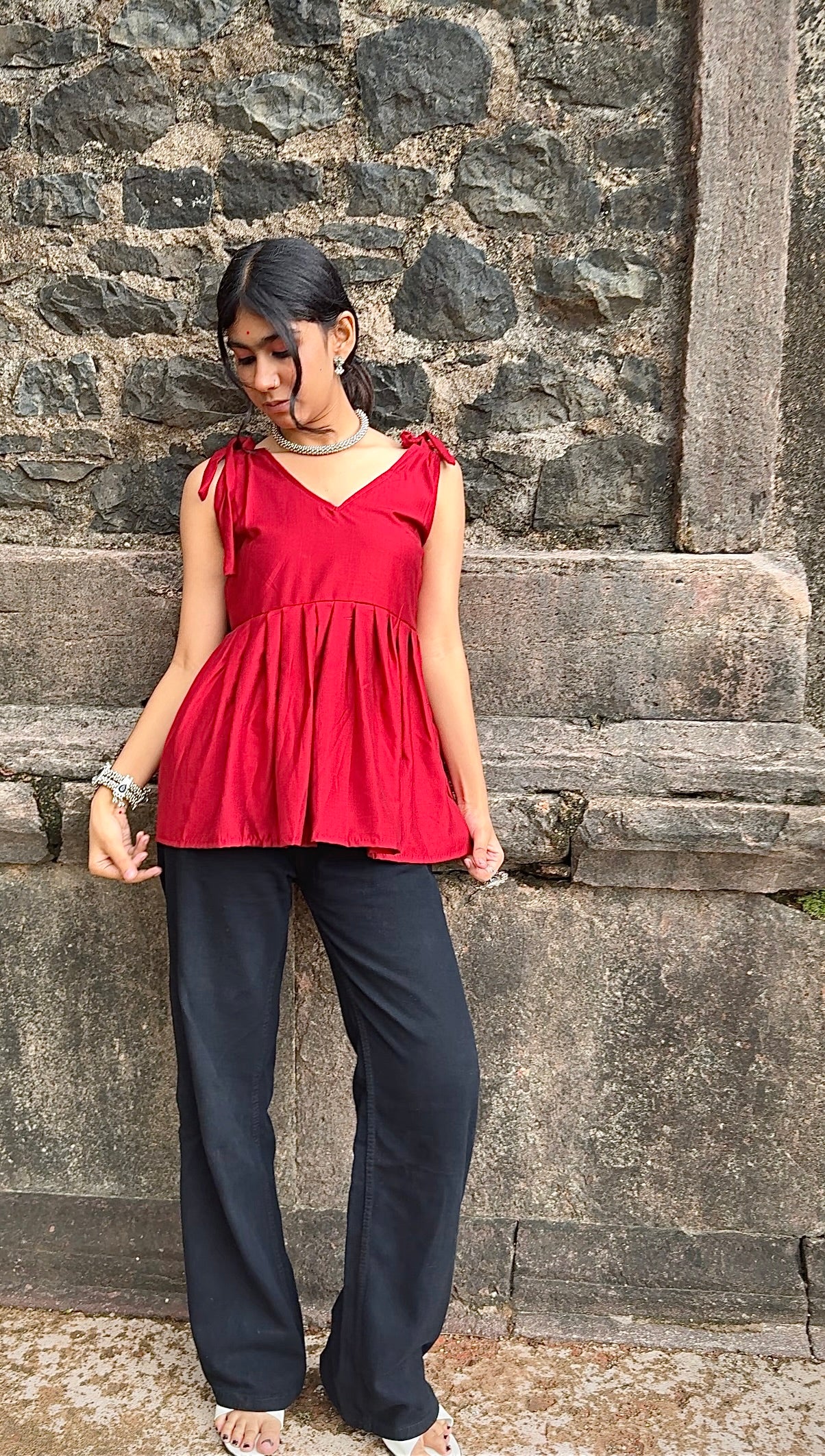 V-neck Short Kurti, shoulder tie-up straps, gathered peplum design