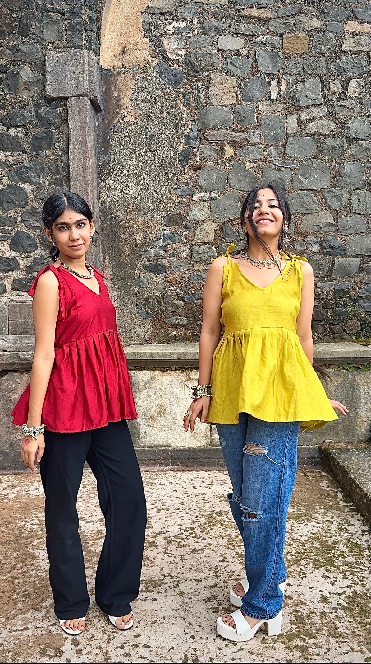 V-neck Short Kurti shoulder tie-up straps, gathered peplum design