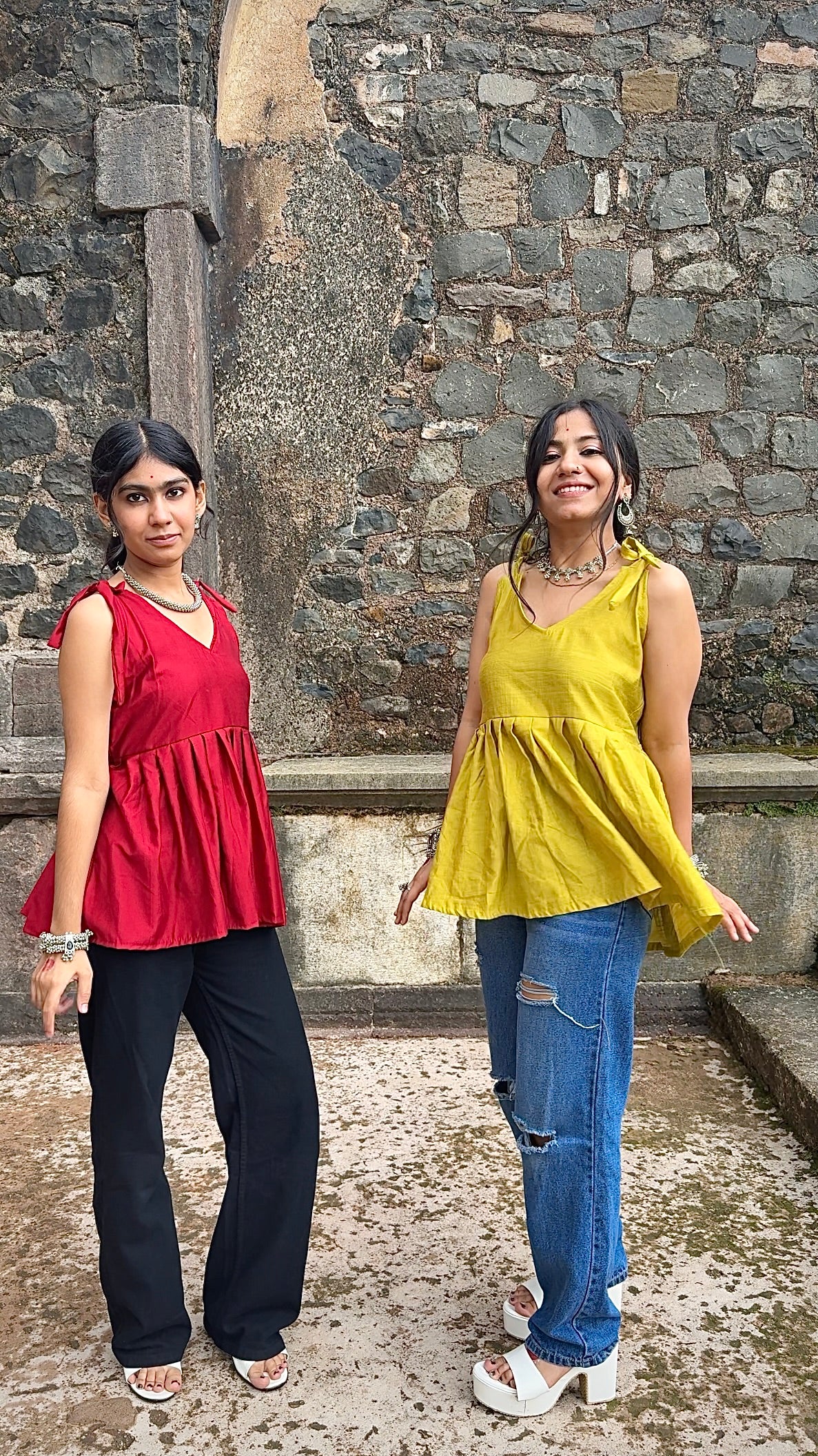 V-neck Short Kurti, shoulder tie-up straps, gathered peplum design