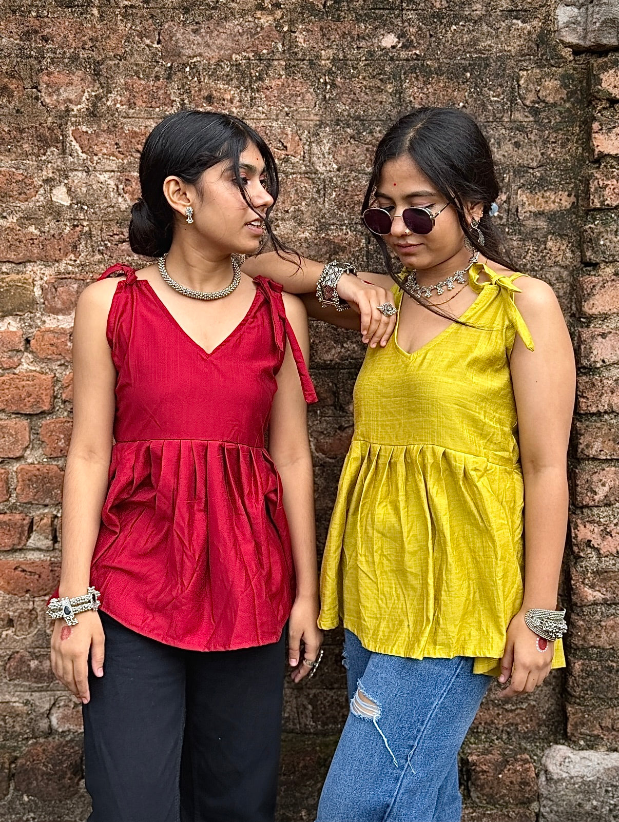 V-neck Short Kurti shoulder tie-up straps, gathered peplum design