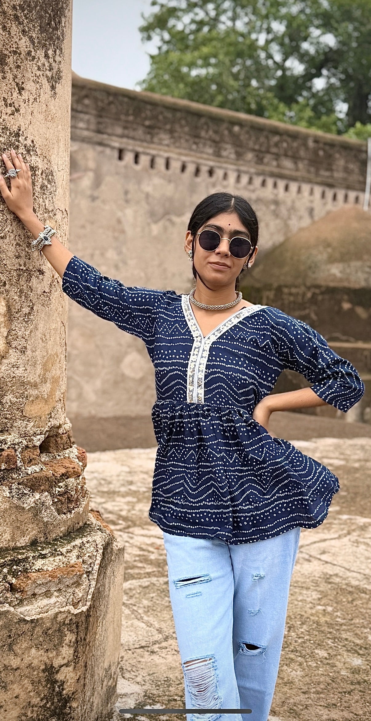 Short peplum kurti V-neck with mirror detailing
