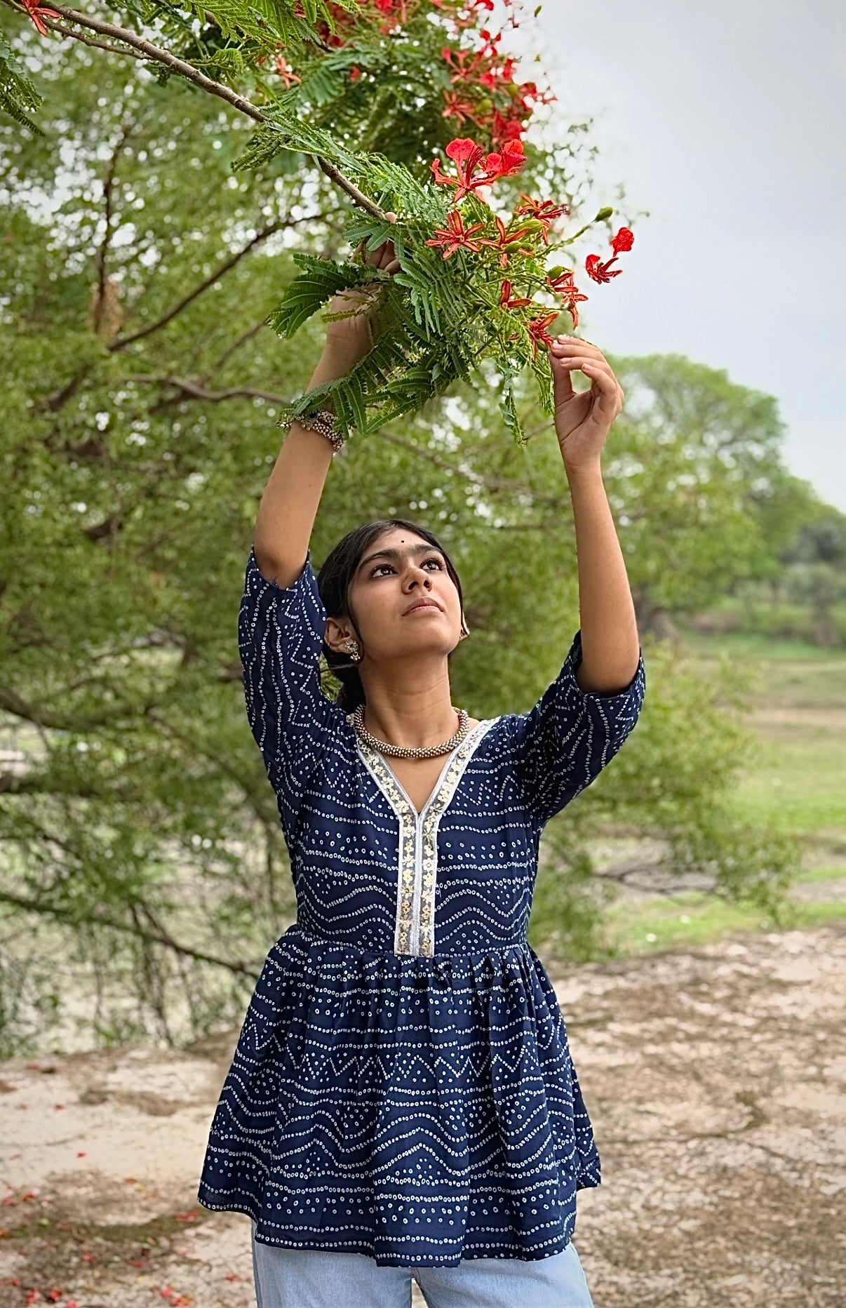 Short peplum kurti V-neck with mirror detailing