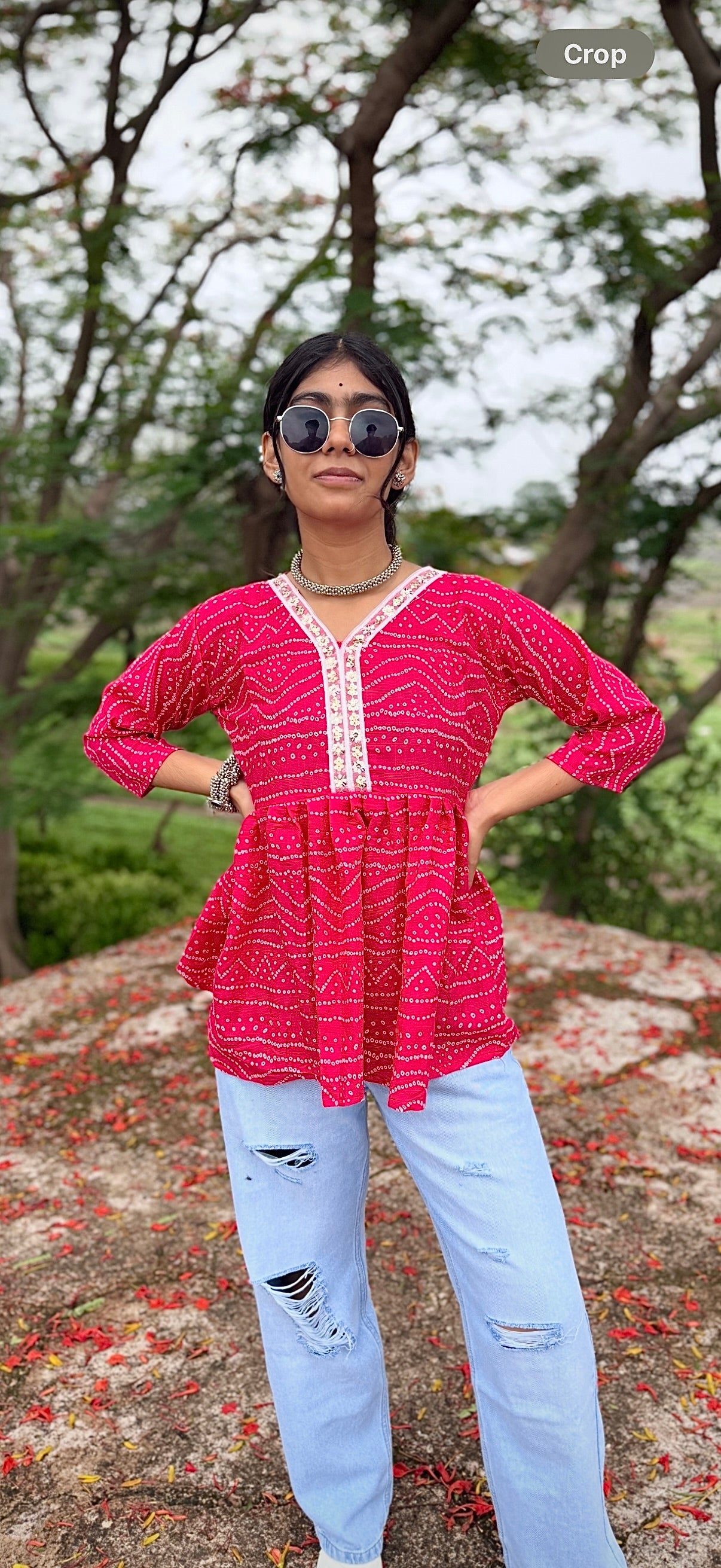 Short peplum kurti V-neck with mirror detailing