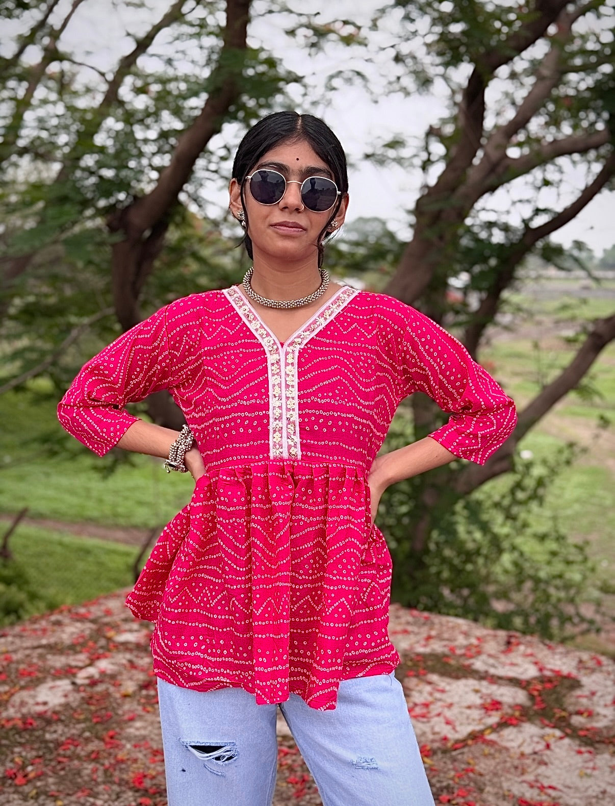 Short peplum kurti V-neck with mirror detailing