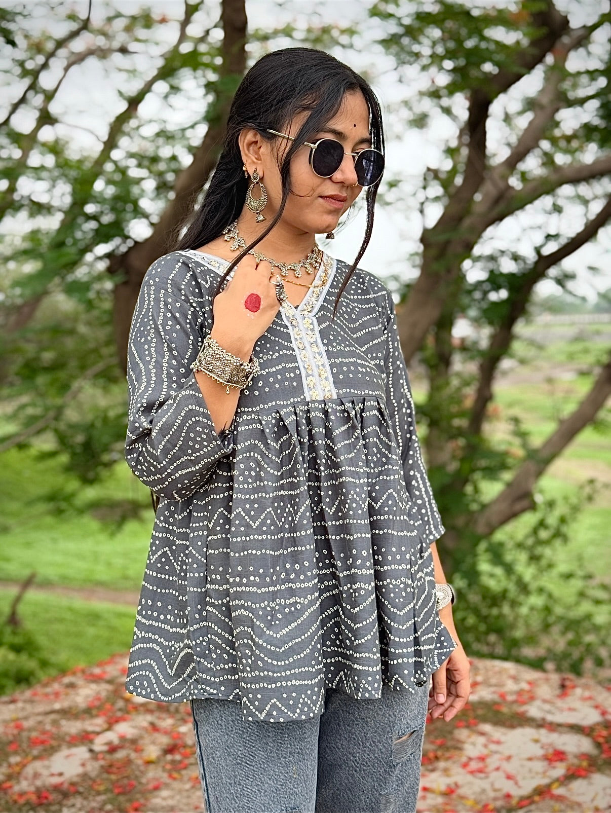 Short peplum kurti V-neck with mirror detailing