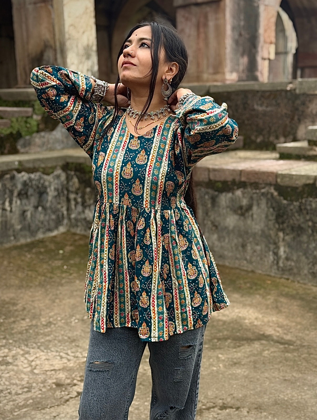 Traditional Sanganeri-style paisley and floral motifs Short kurti