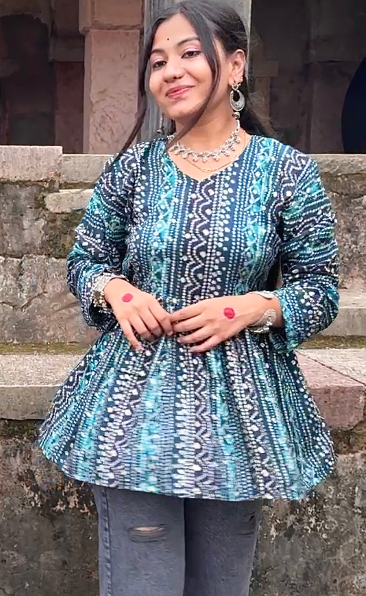 Traditional Sanganeri-style paisley and floral motifs Short Kurti