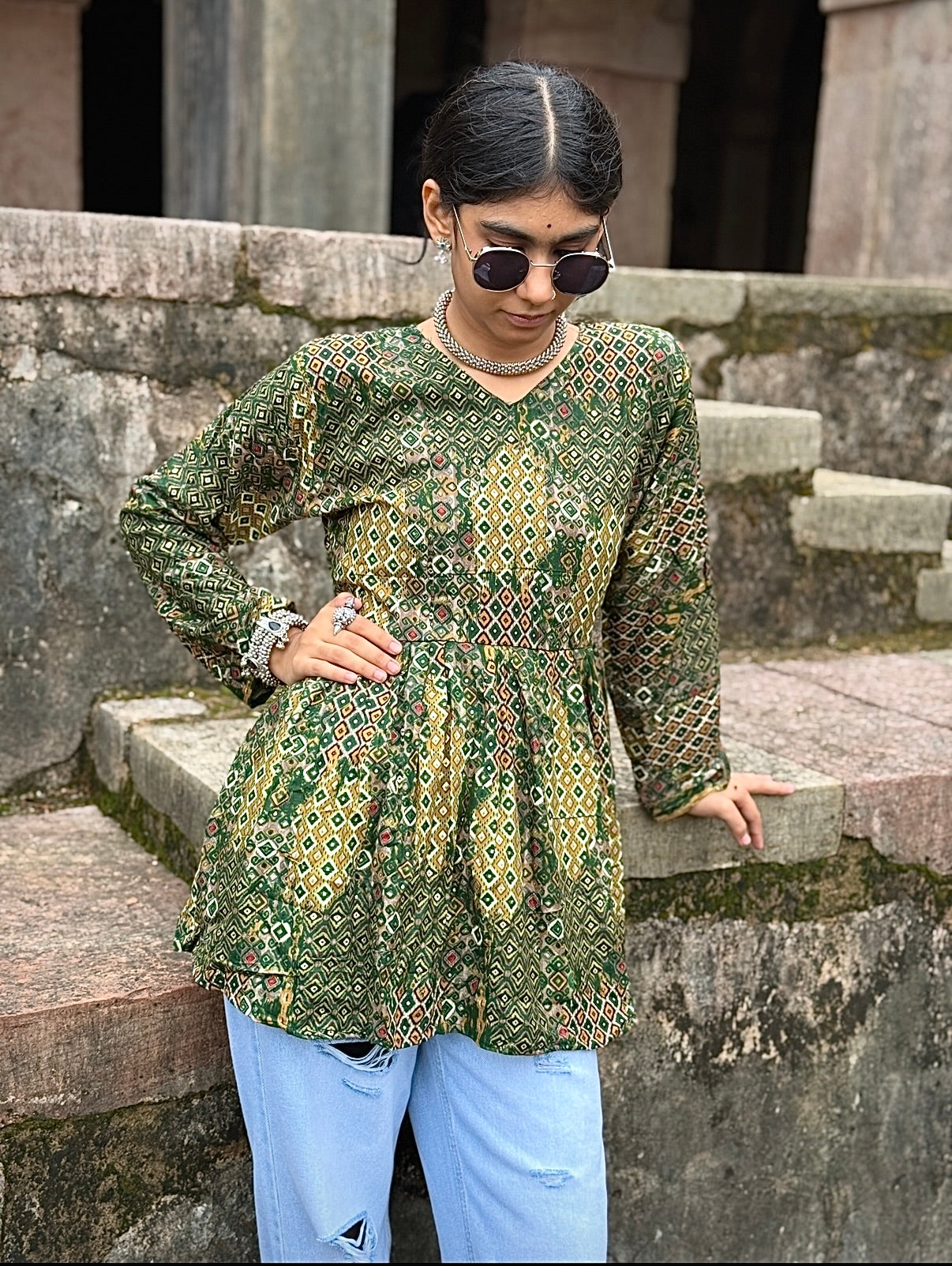 Traditional Sanganeri-style paisley and floral motifs Short Kurti