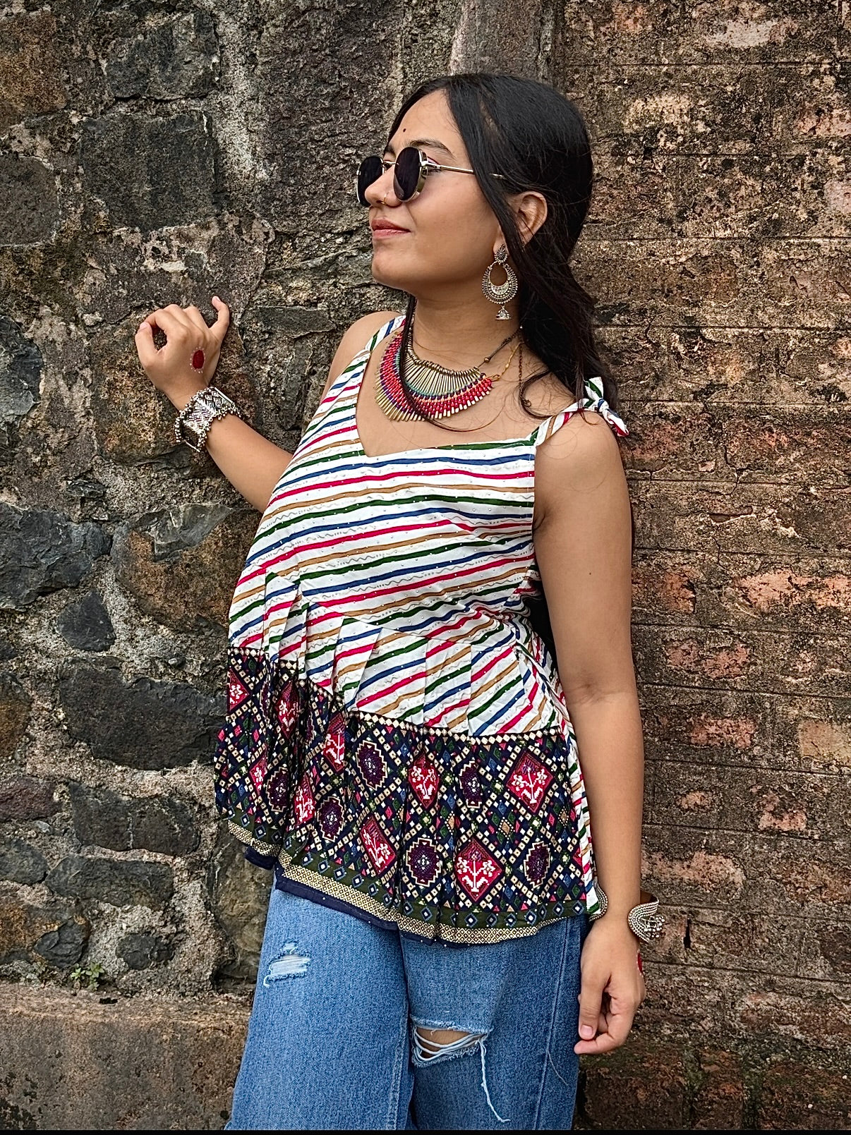 Straight square neck Short Kurti with tie-up shoulder straps