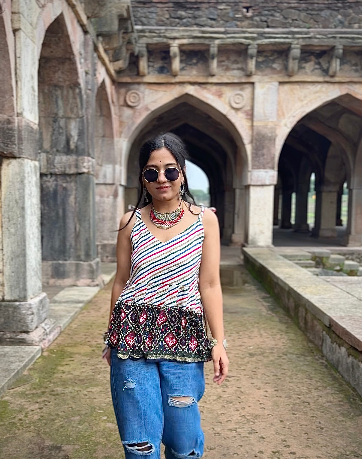 Straight square neck Short Kurti with tie-up shoulder straps
