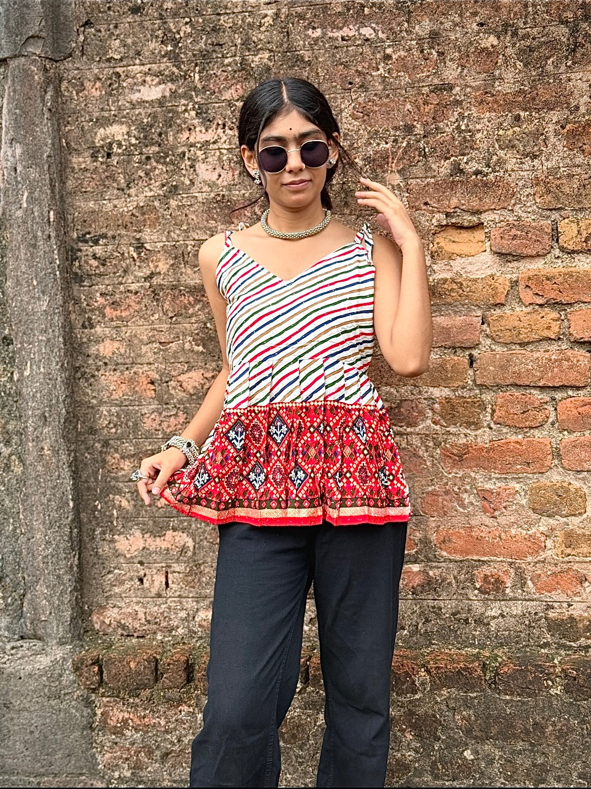Straight square neck Short Kurti with tie-up shoulder straps