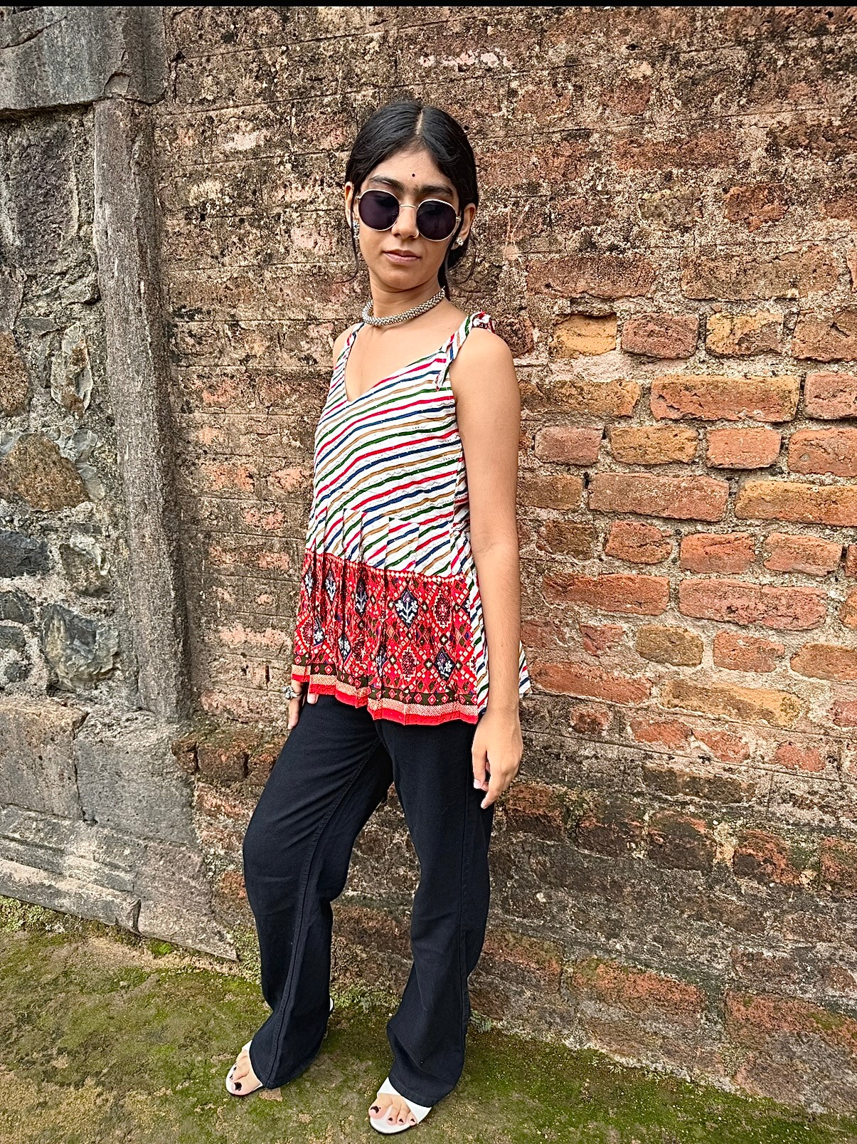 Straight square neck Short Kurti with tie-up shoulder straps