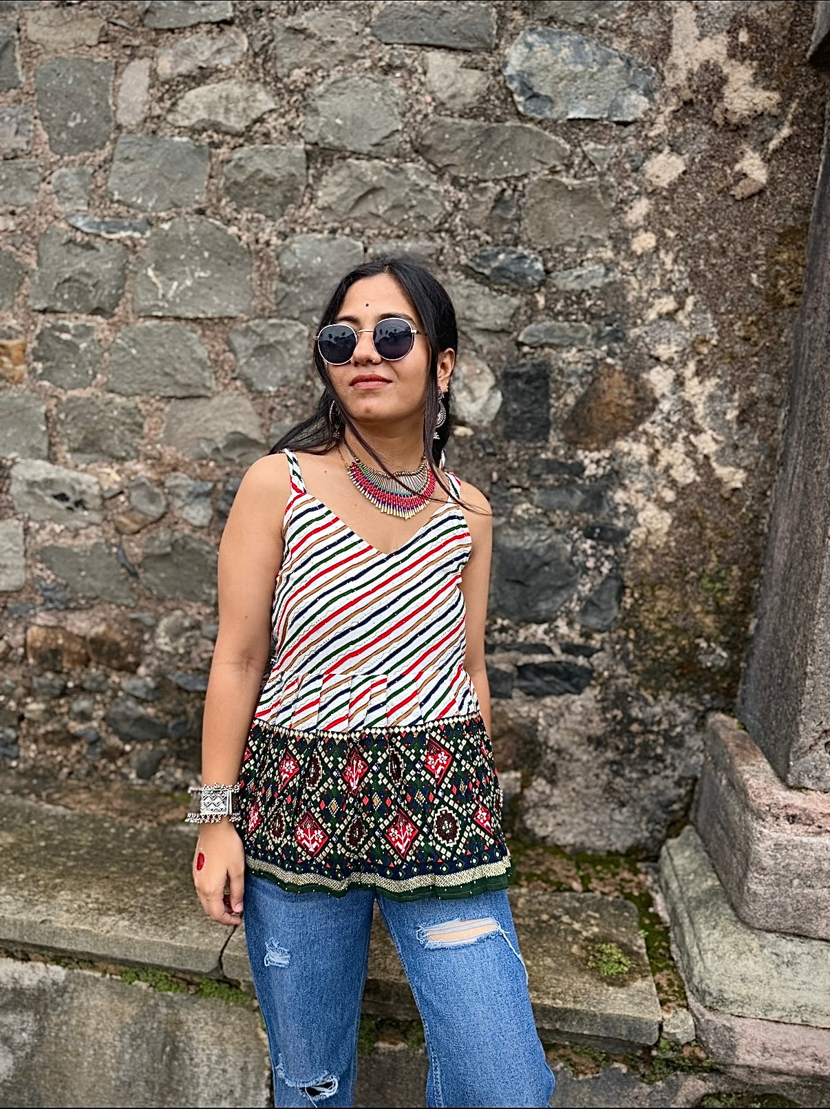 Straight square neck Short Kurti with tie-up shoulder straps