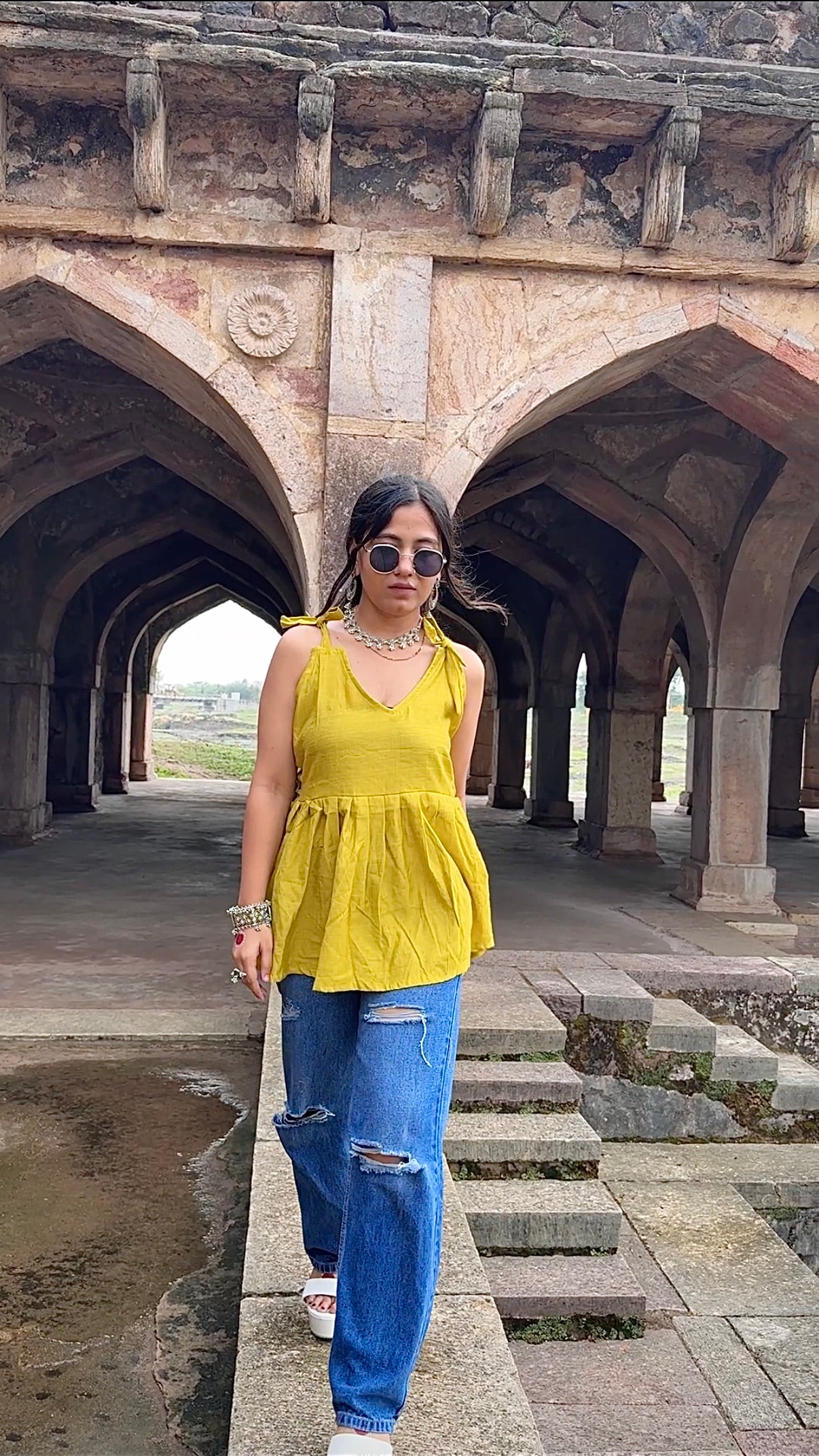 V-neck Short Kurti shoulder tie-up straps, gathered peplum design