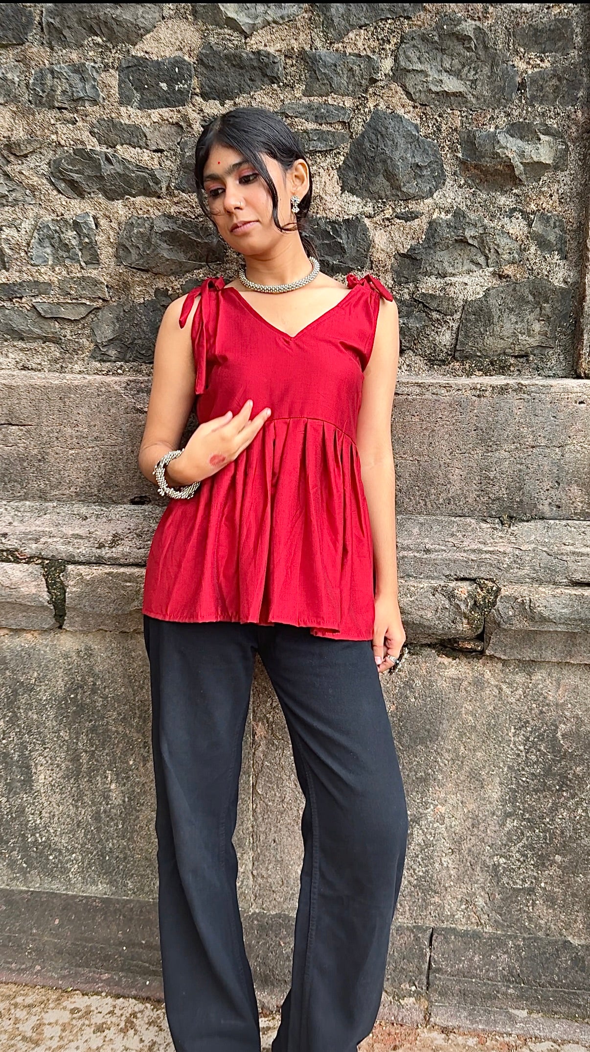 V-neck Short Kurti, shoulder tie-up straps, gathered peplum design