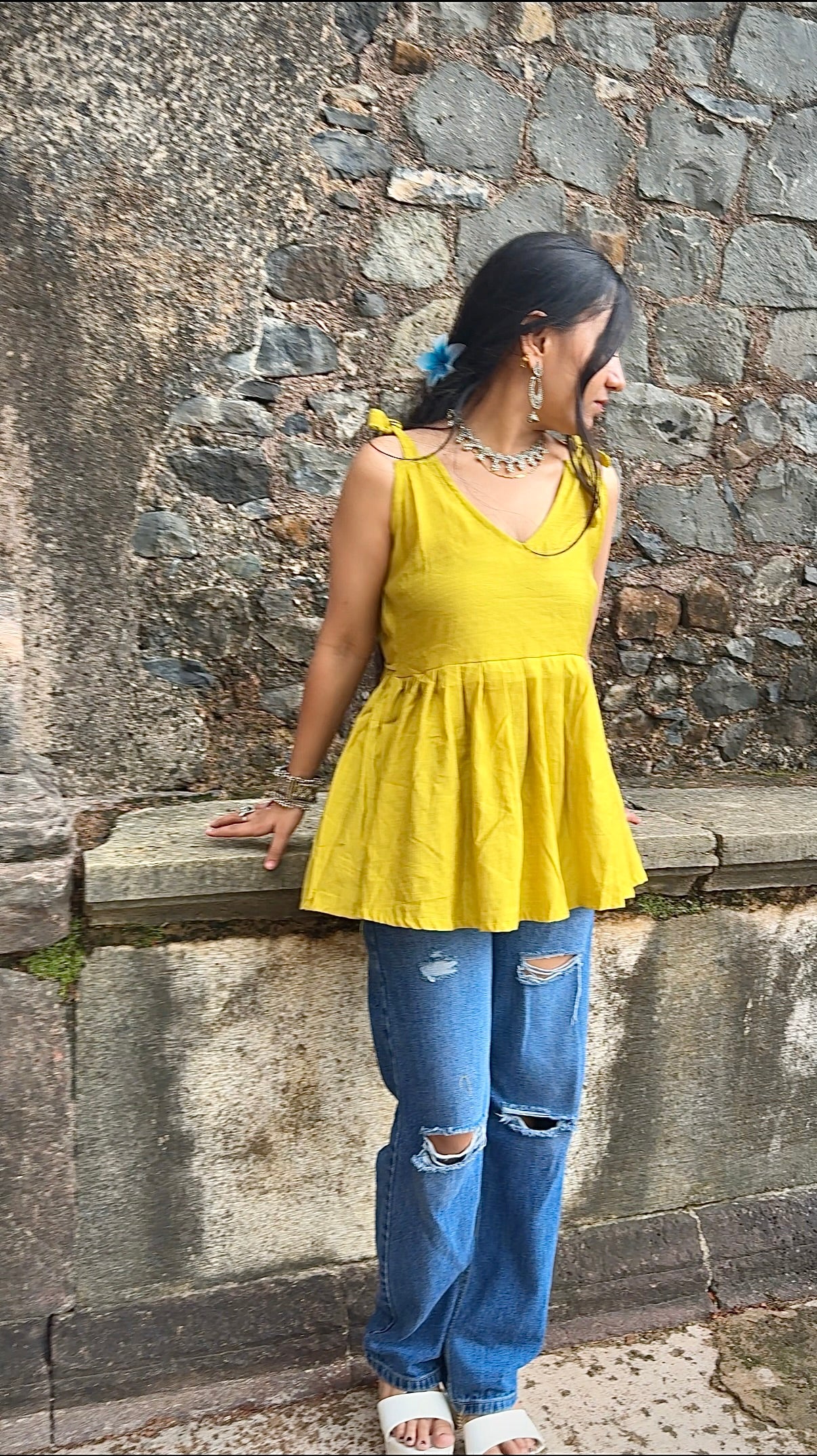 V-neck Short Kurti shoulder tie-up straps, gathered peplum design