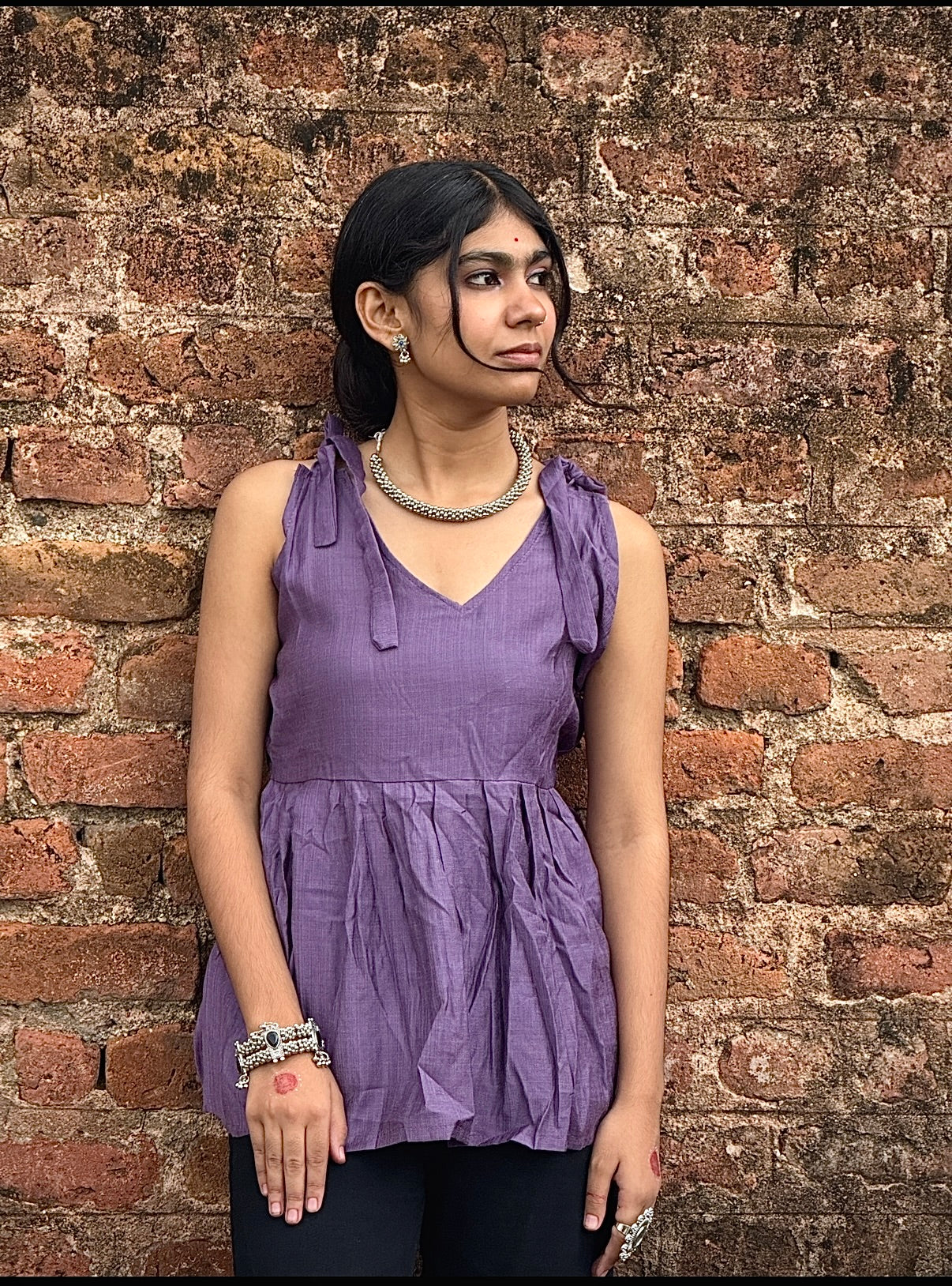 V-neck Short Kurti, shoulder tie-up straps, gathered peplum design