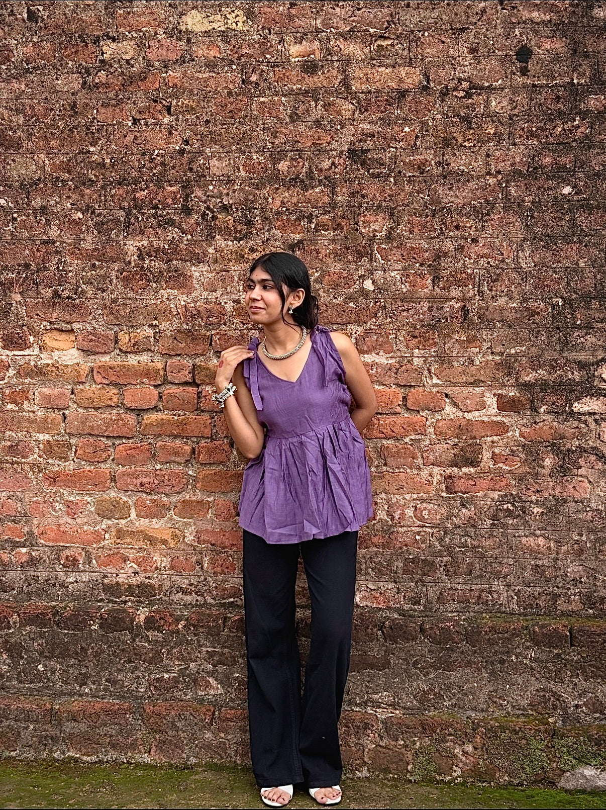 V-neck Short Kurti, shoulder tie-up straps, gathered peplum design