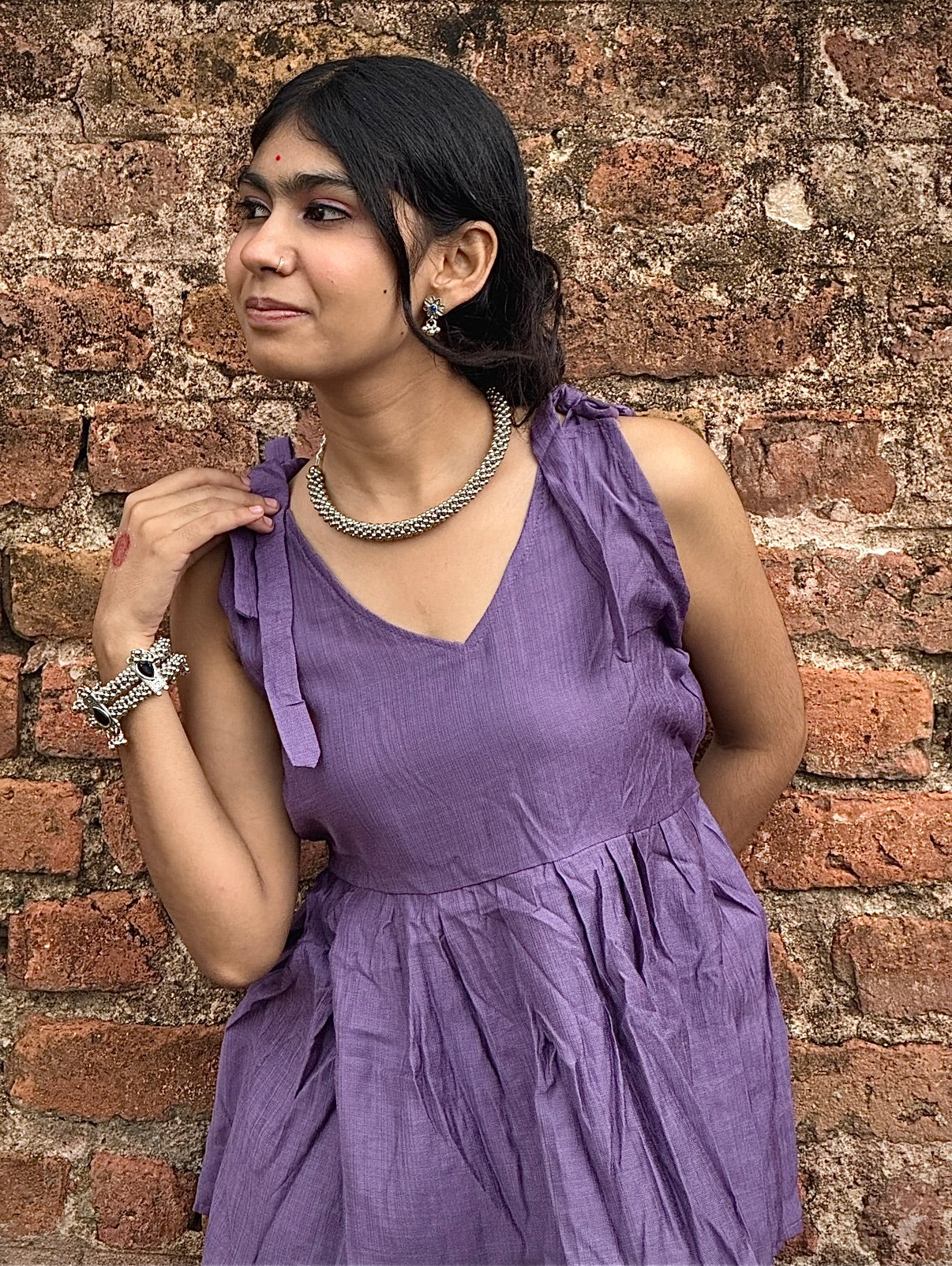 V-neck Short Kurti, shoulder tie-up straps, gathered peplum design