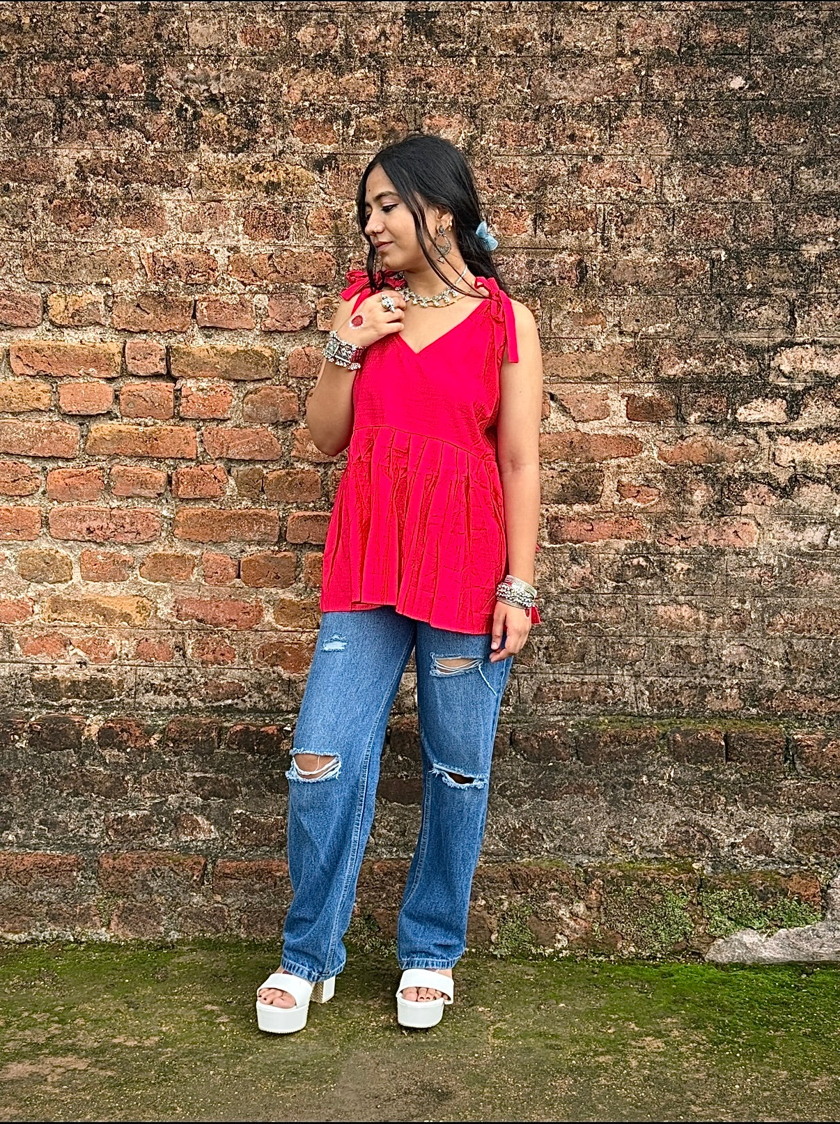 V-neck,Short Kurti shoulder tie-up straps, gathered peplum design