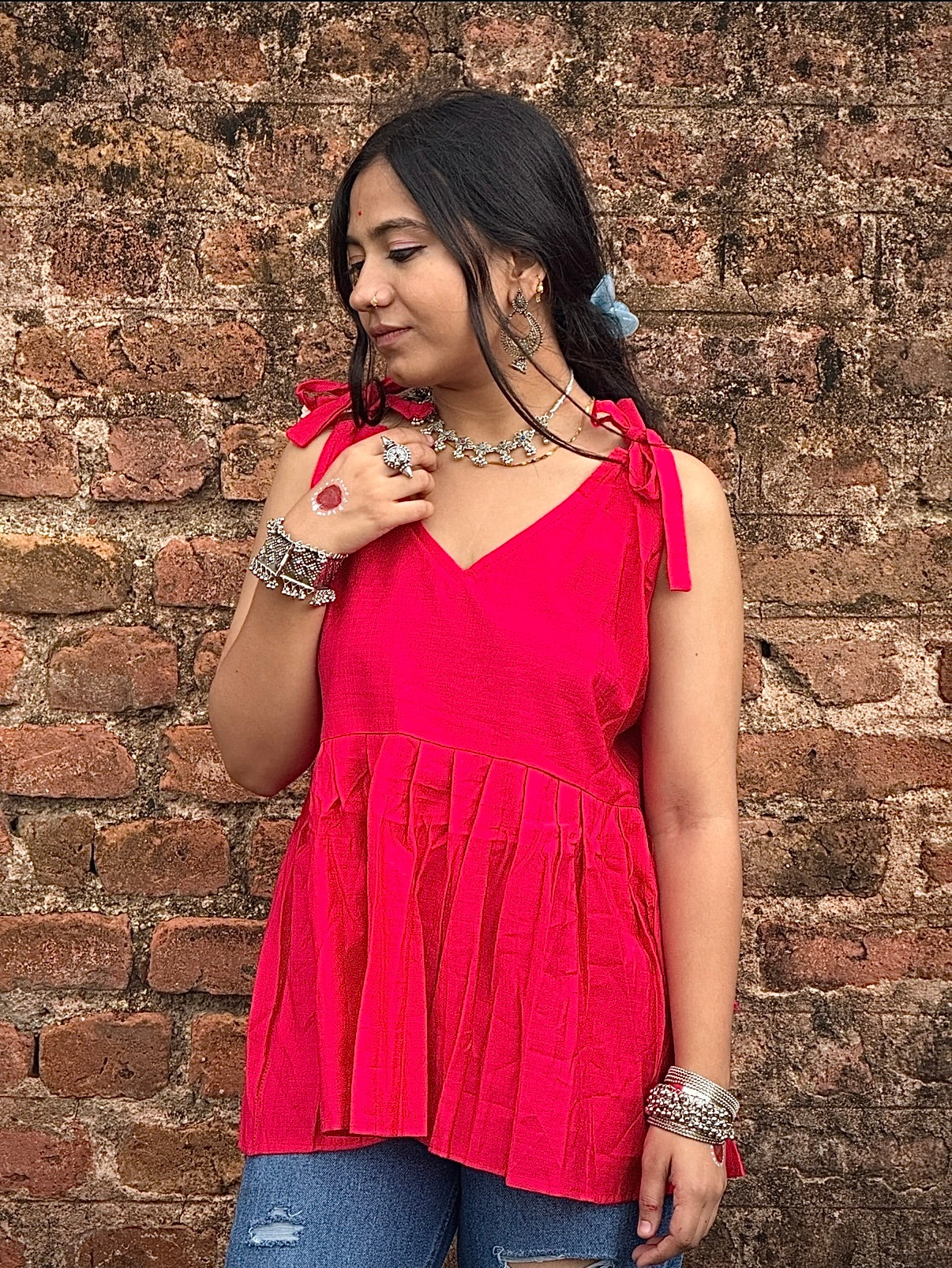 V-neck,Short Kurti shoulder tie-up straps, gathered peplum design
