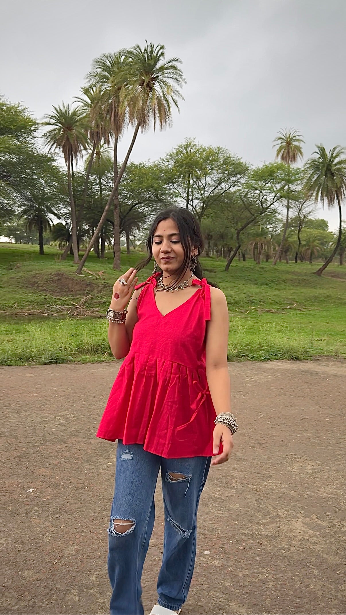 V-neck,Short Kurti shoulder tie-up straps, gathered peplum design