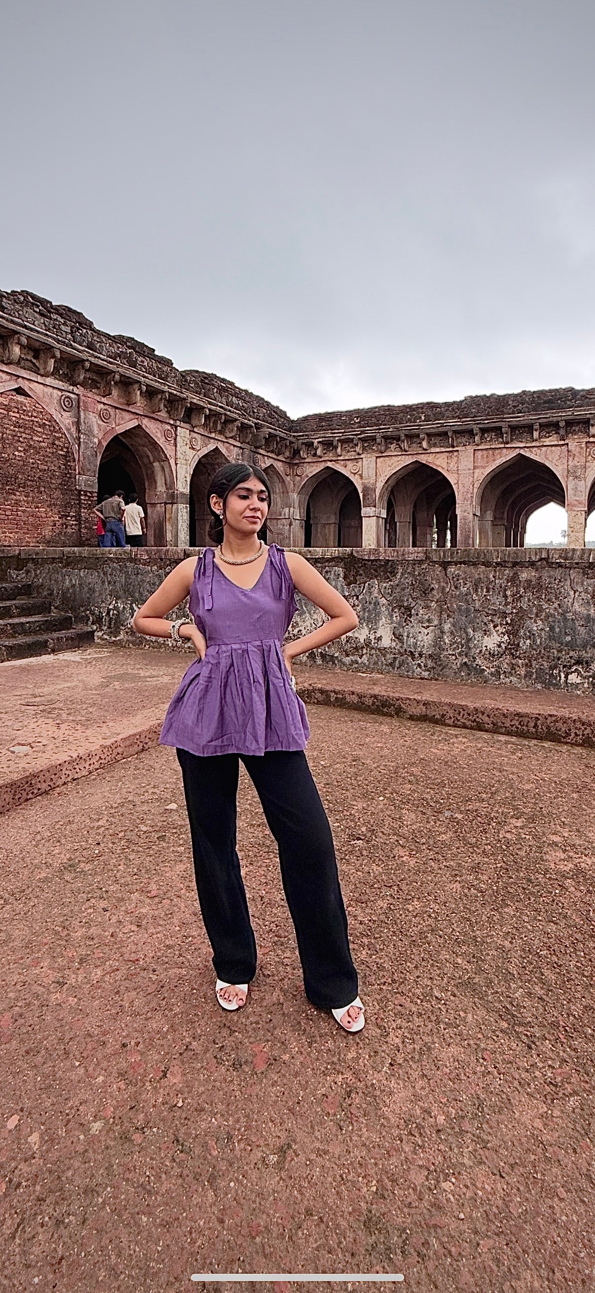 V-neck Short Kurti, shoulder tie-up straps, gathered peplum design