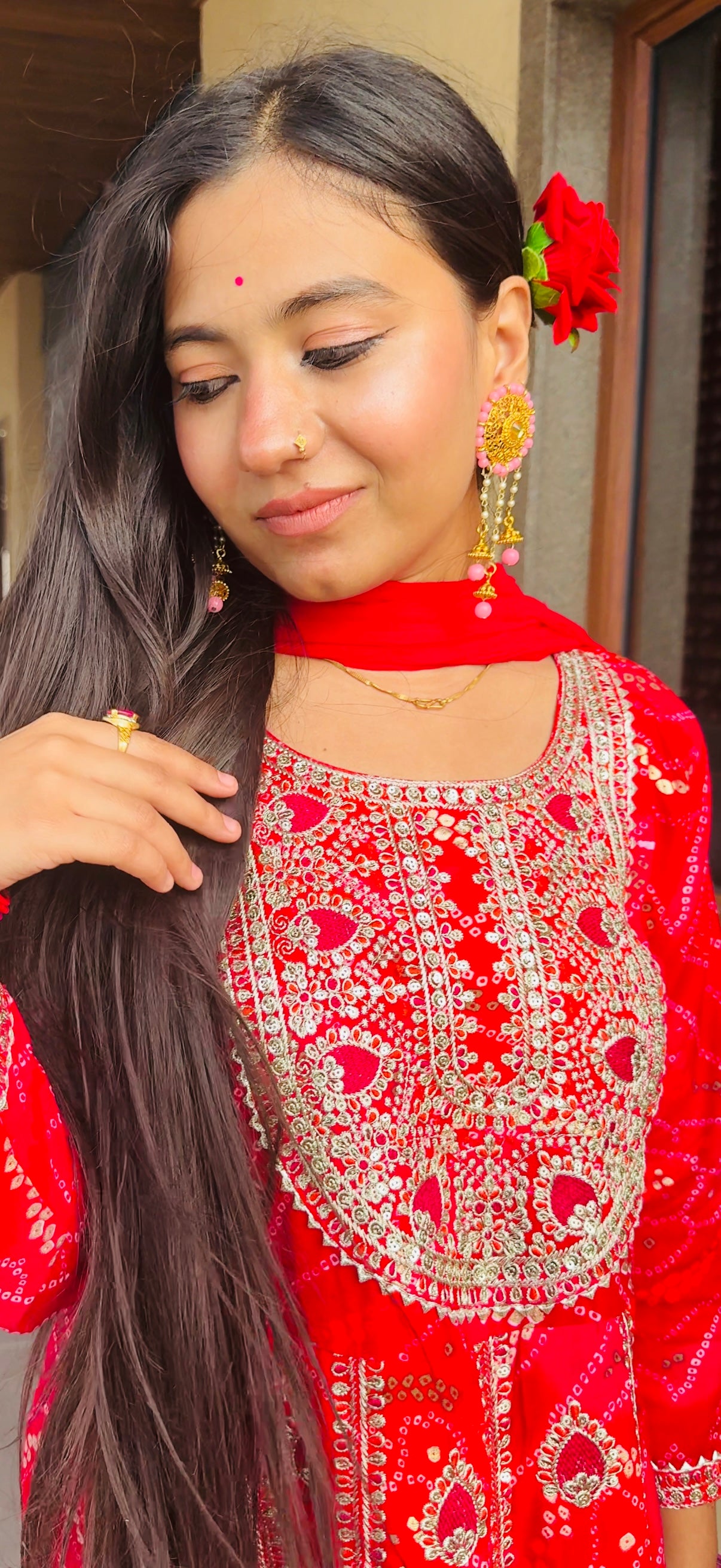 Rani Red Bandhej Mirror Work Anarkali Suit | Festive Ethnic Elegance