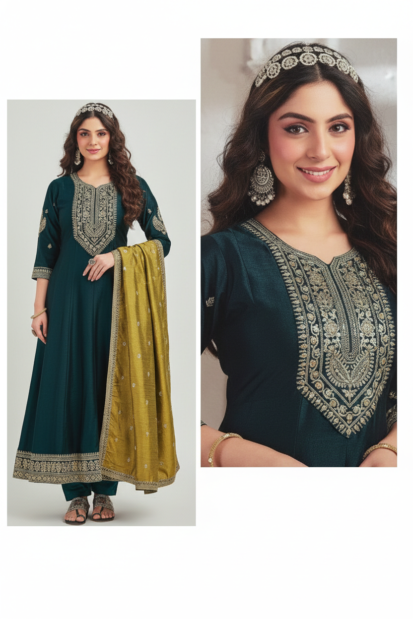 Emerald Grace Embroidered Anarkali Suit Set with Lime Dupatta