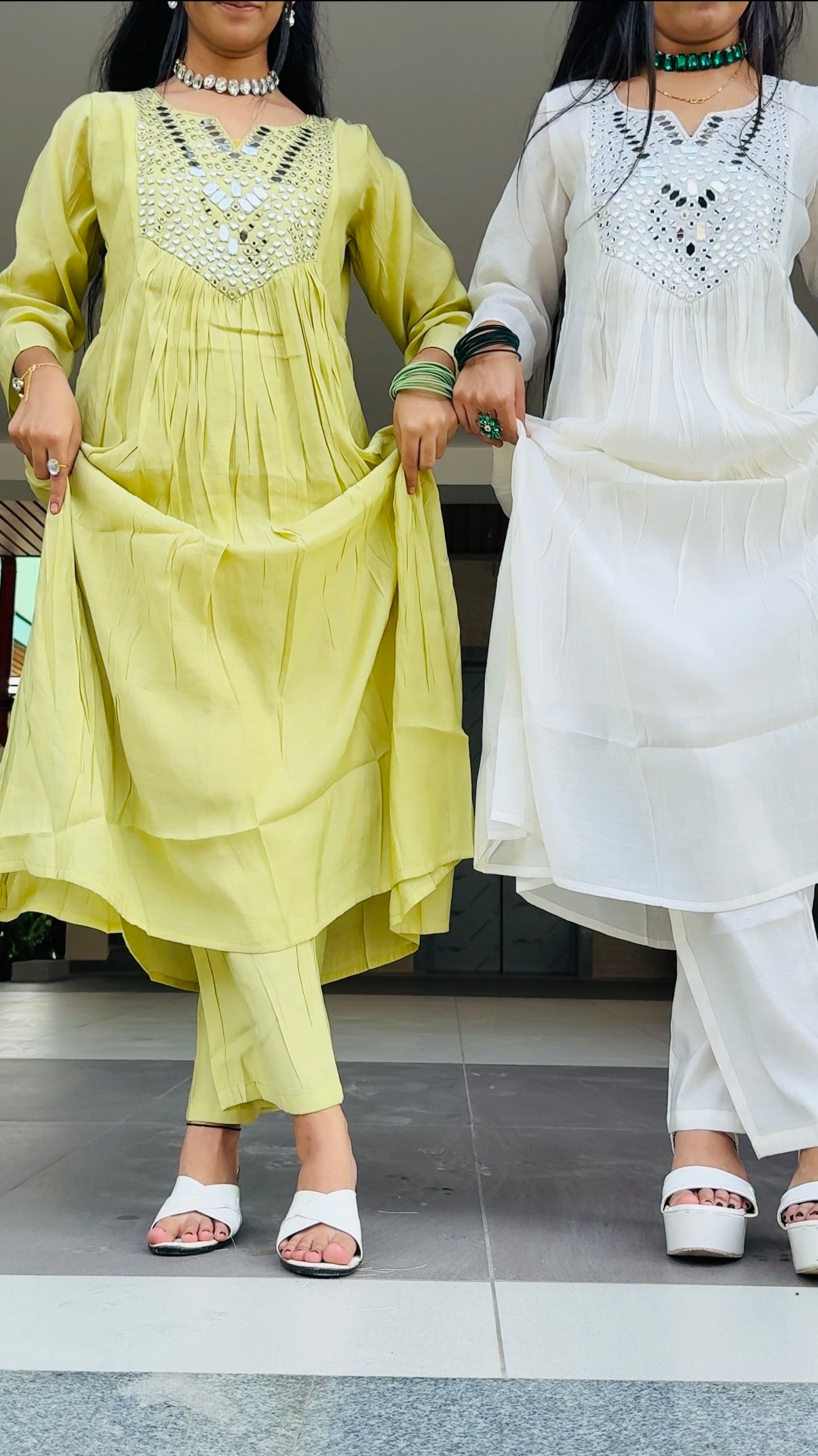 Lime Mirror Work Anarkali Suit Set | Festive Ethnic Wear for Women