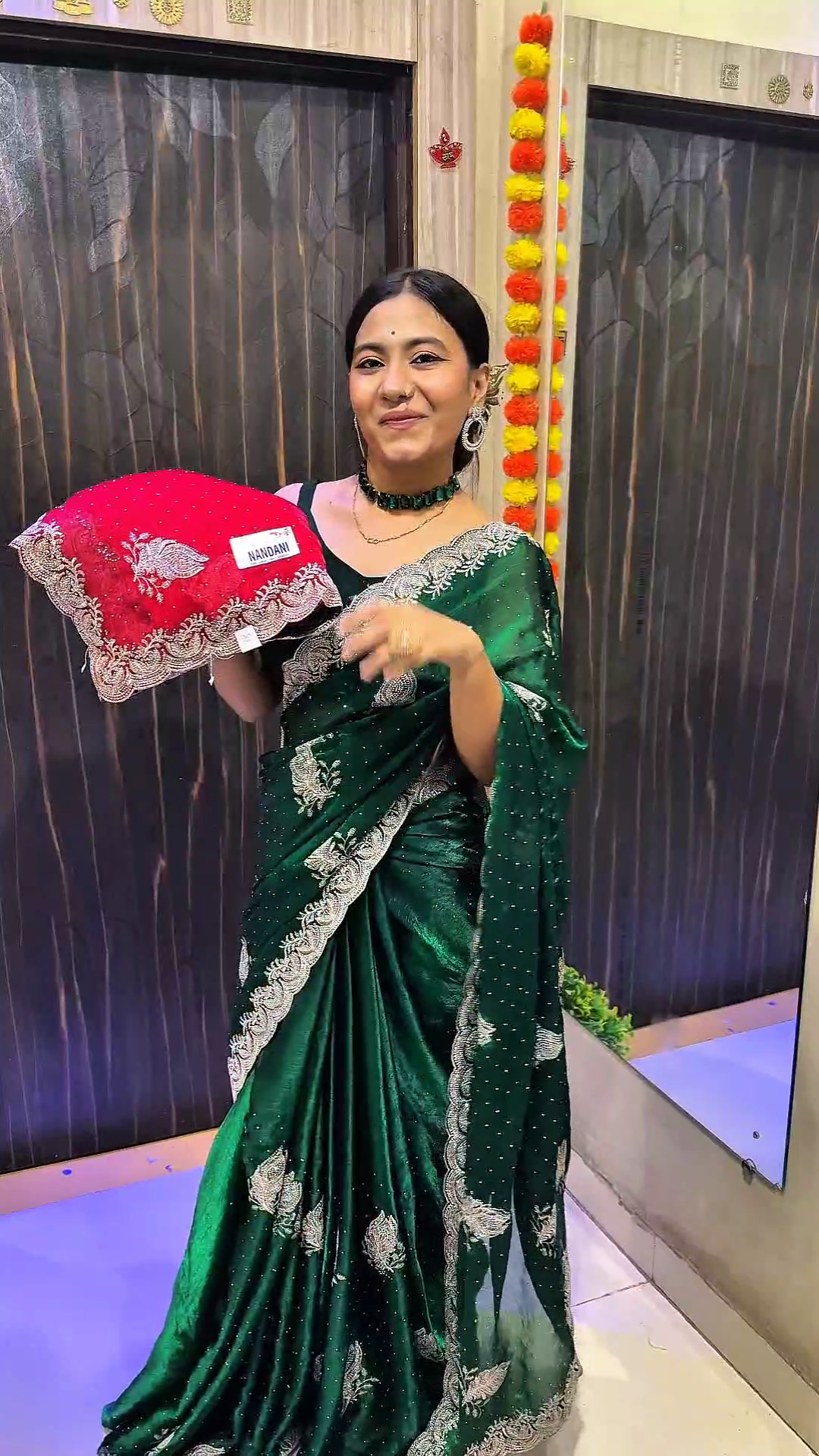 Jimmy Choo Emerald Green Designer Saree with Silver Zari Work