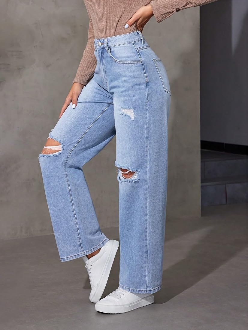 Light Blue Distressed Wide-Leg Jeans