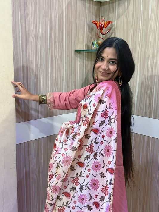 Blush Rose Silk Kurta Set with Embroidered Neckline & Floral Dupatta