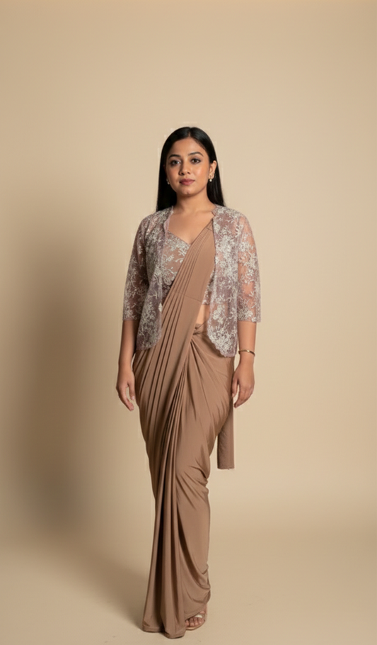 Cream Pre-Draped Saree with Sequin Blouse & Jacket Shows – Contemporary Party Wear Saree