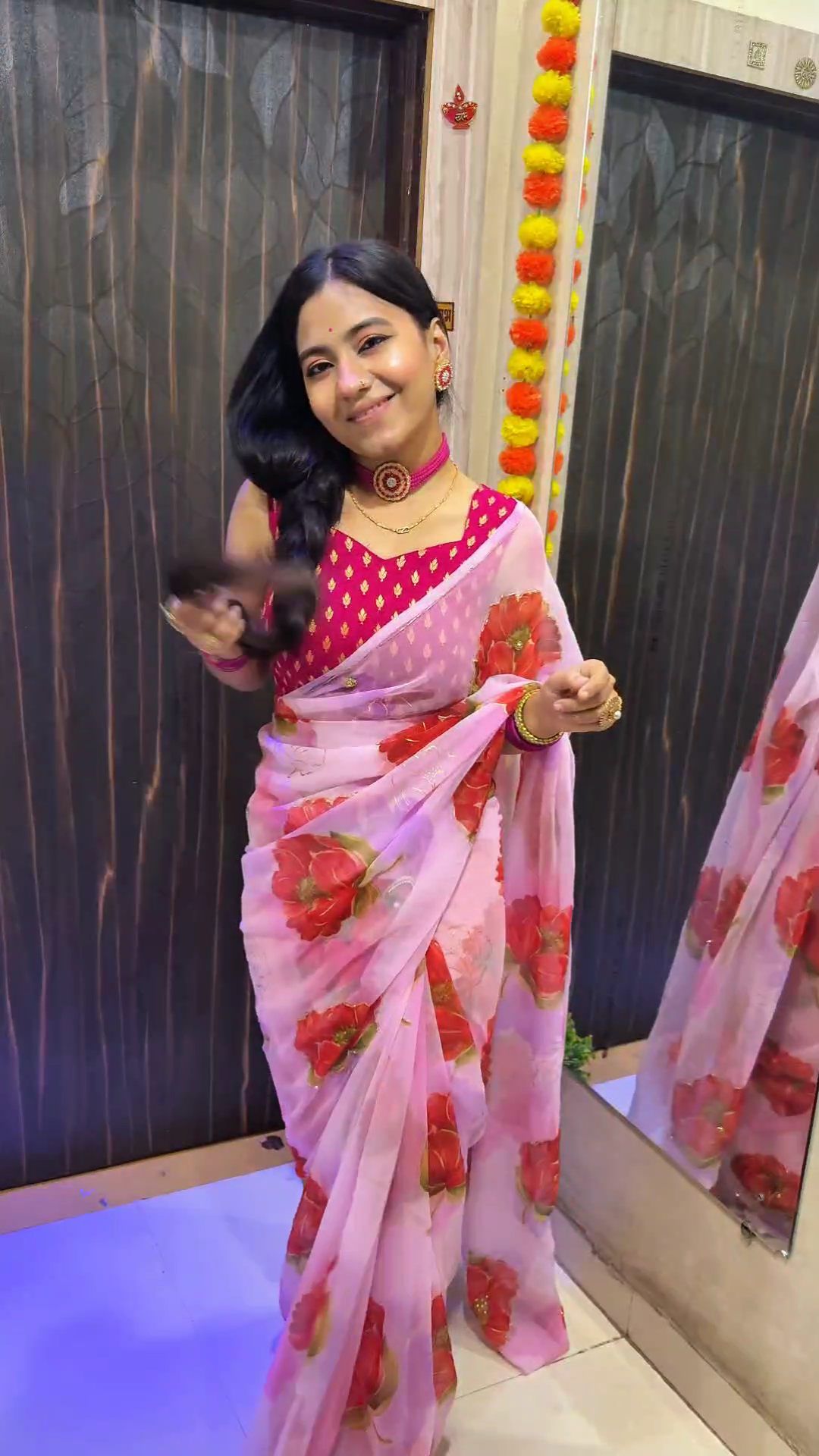 Blush Pink Floral Organza Saree with Bold Red Rose Prints