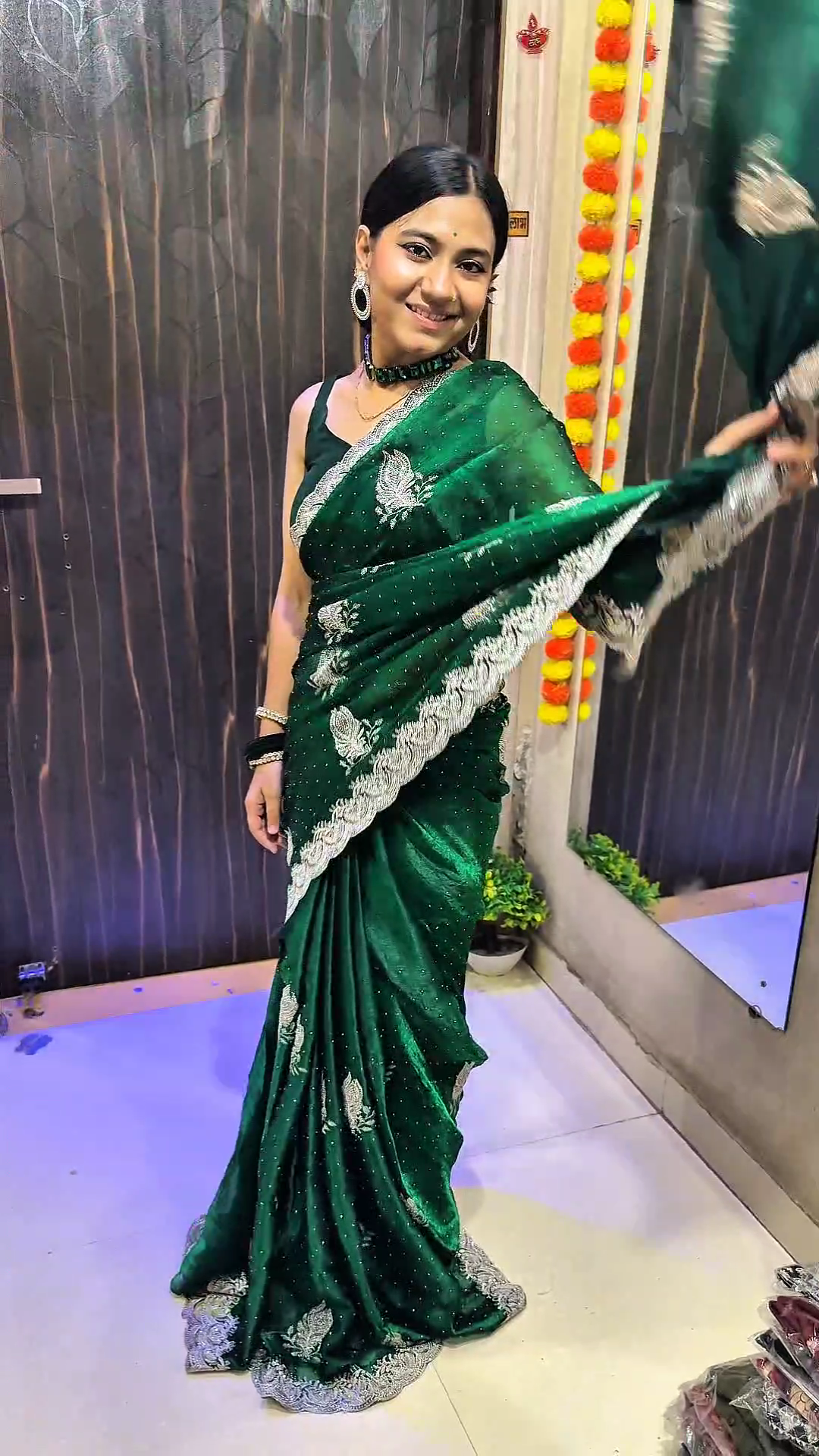 Jimmy Choo Emerald Green Designer Saree with Silver Zari Work