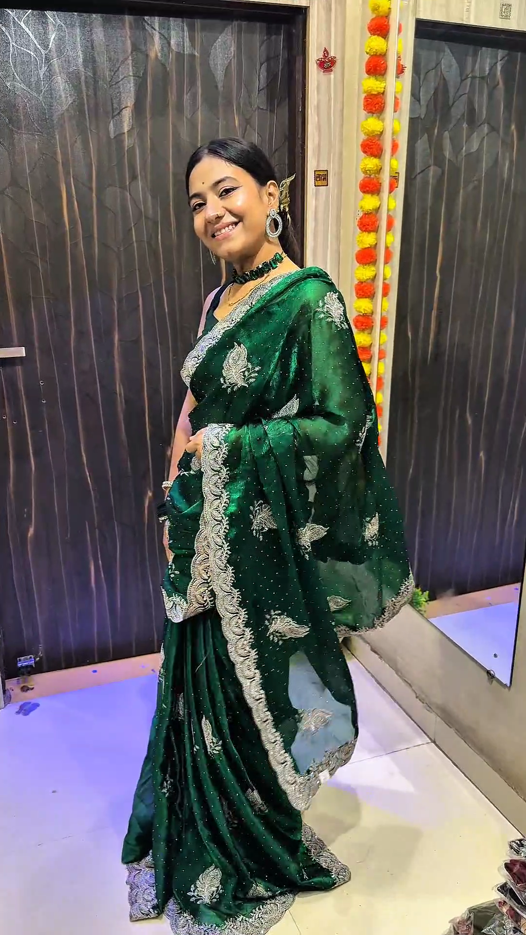 Jimmy Choo Emerald Green Designer Saree with Silver Zari Work