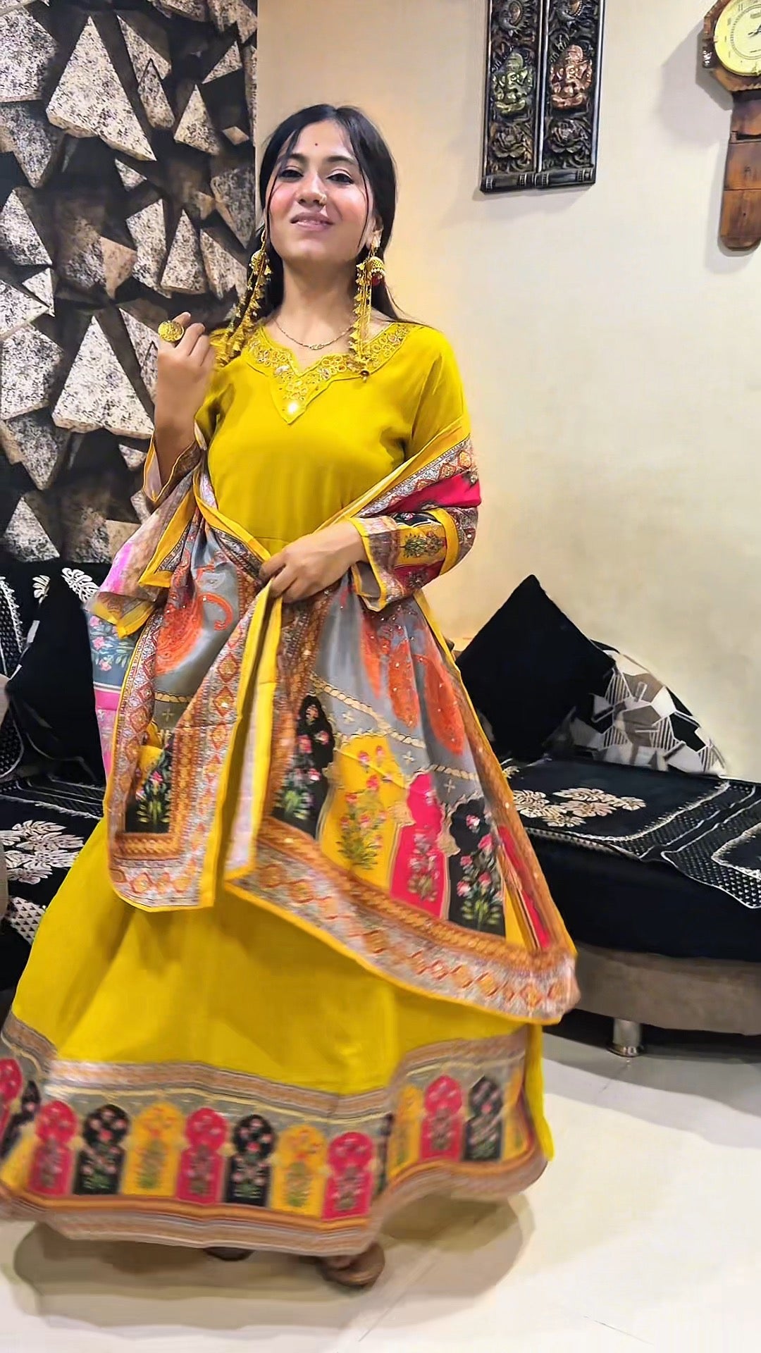 Sunshine Bloom Yellow Anarkali Set with Multicolor Printed Dupatta