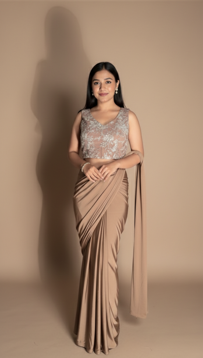Cream Pre-Draped Saree with Sequin Blouse & Jacket Shows – Contemporary Party Wear Saree