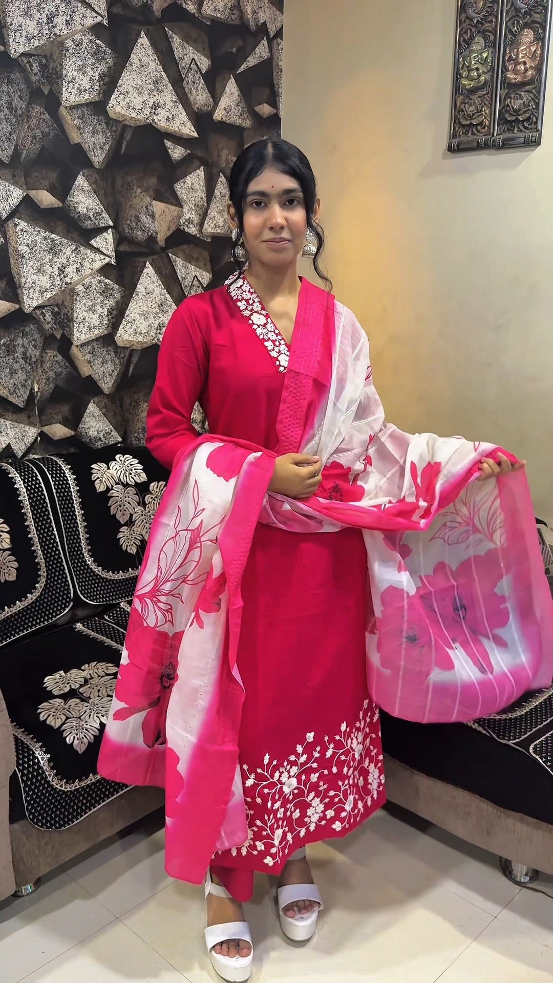 "Gulabi Noor" Embroidered Anarkali Kurta Set with Dupatta β Pink & White Elegance