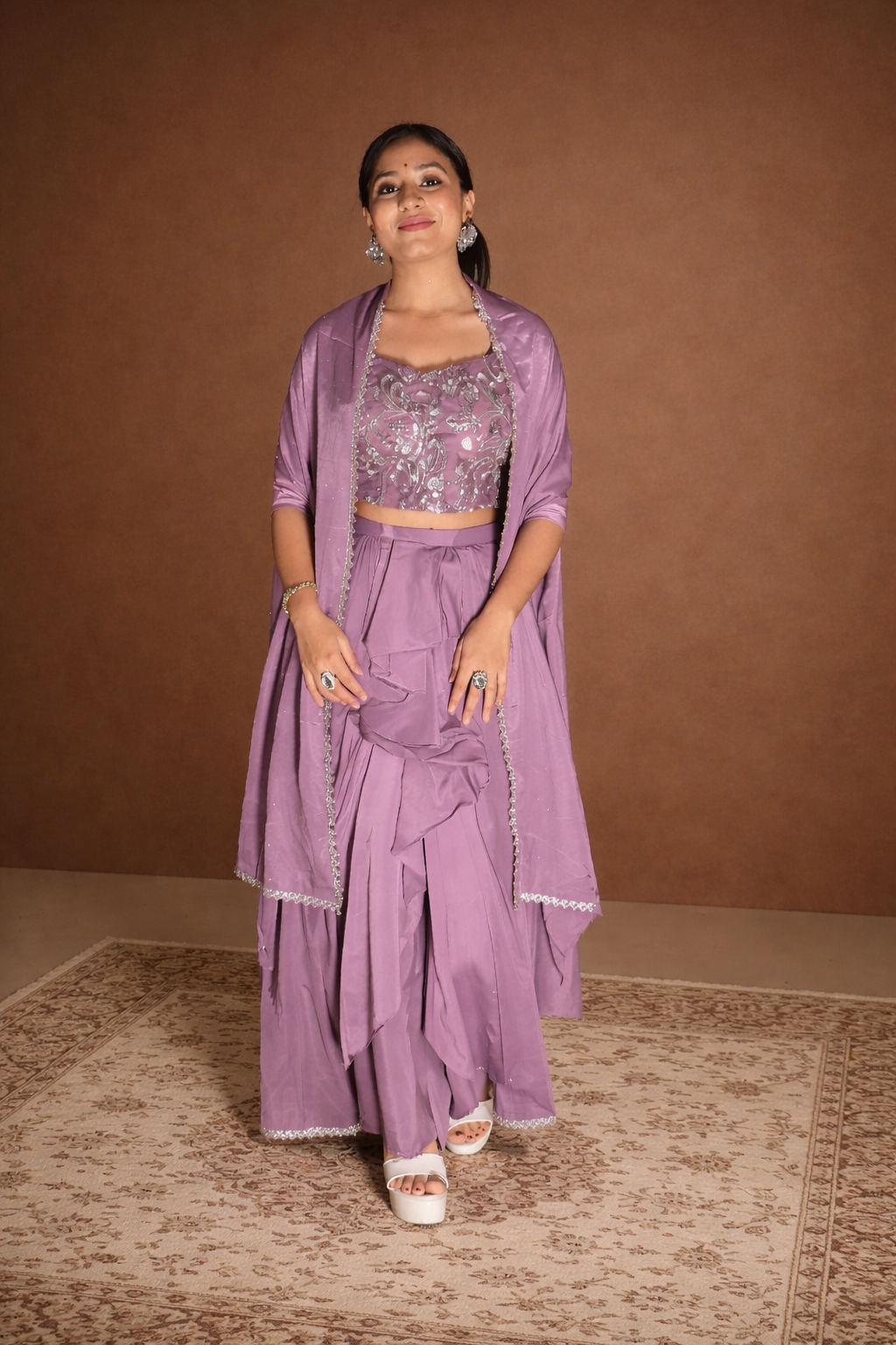 Lavender Embroidered Crop Top Set with Jacket – Elegant Festive Wear for Women