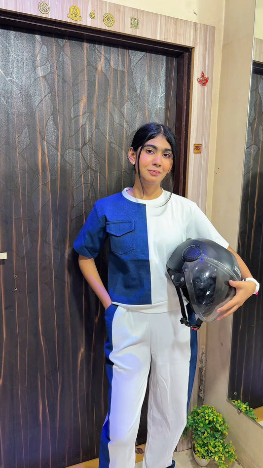 Denim Colorblock Utility Co-ord Set (Top & Pants)