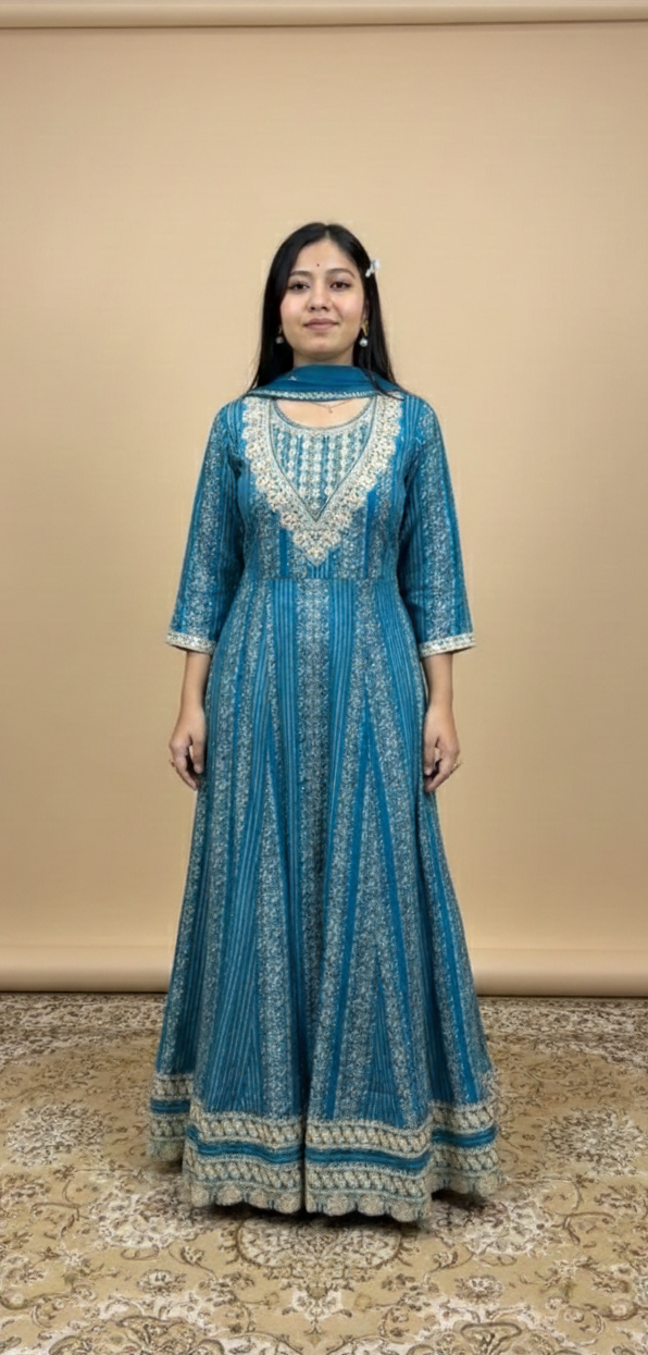 Royal Teal Blue Anarkali Suit with Heavy Yoke Embroidery