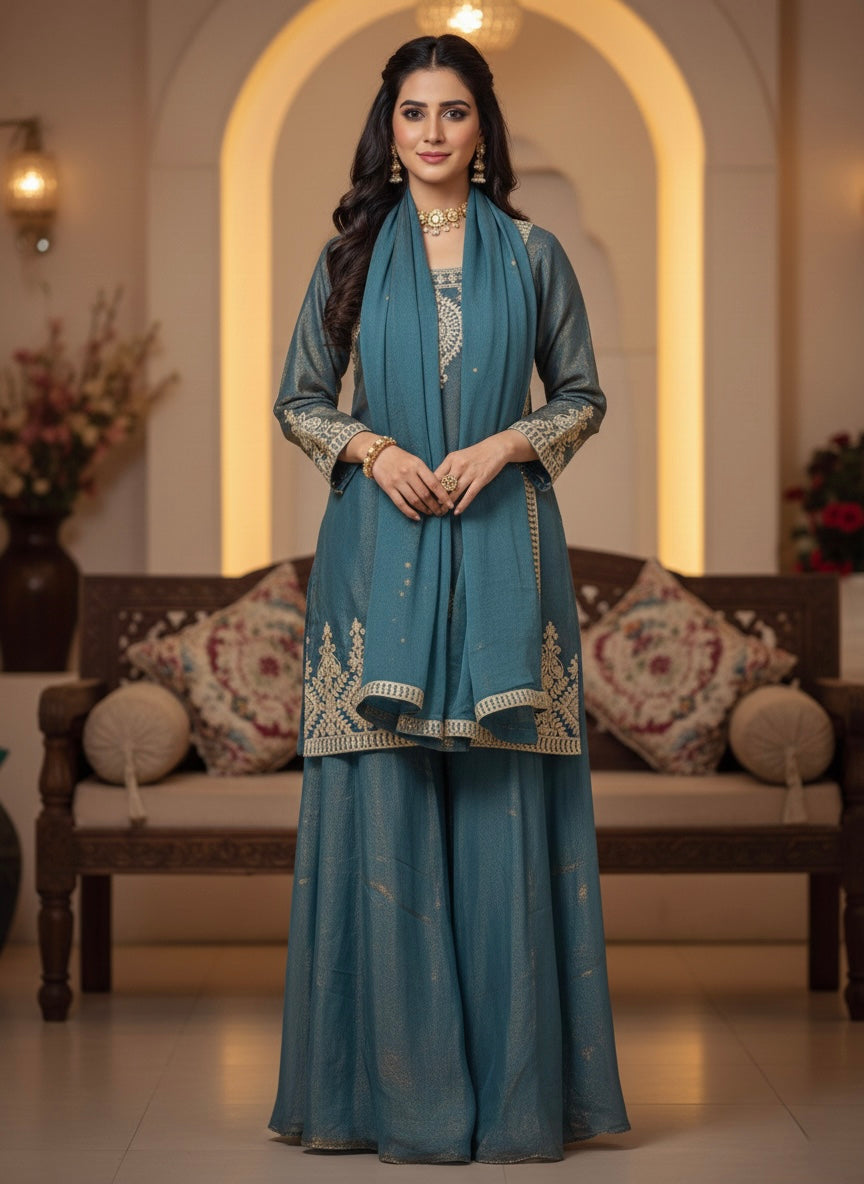Mauve Silk Embroidered Sharara Suit with Zari Work & Matching Dupatta