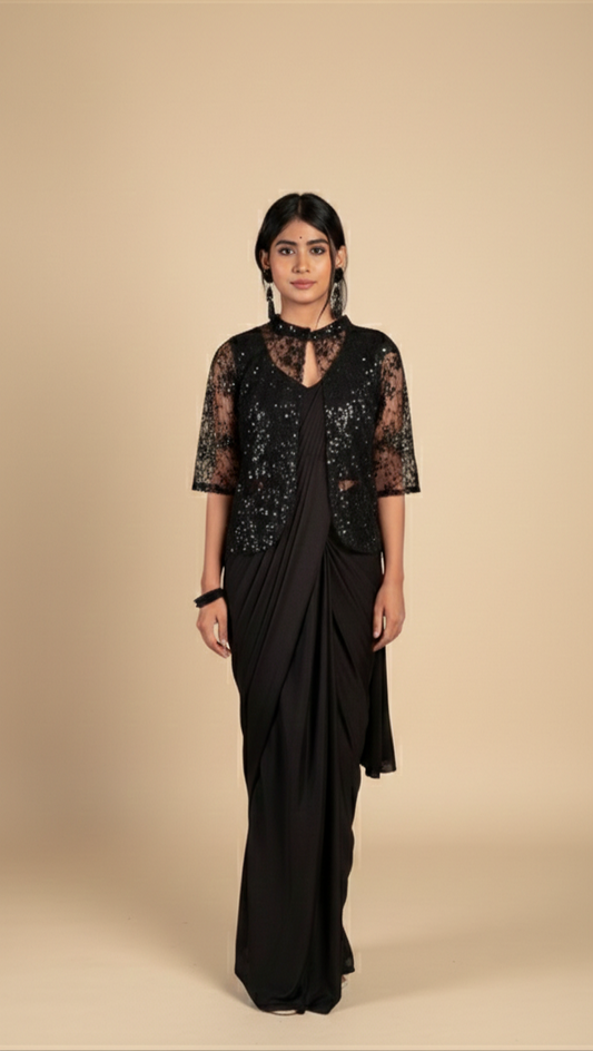 Black Pre-Draped Saree with Sequin Blouse & Jacket Shows – Contemporary Party Wear Saree