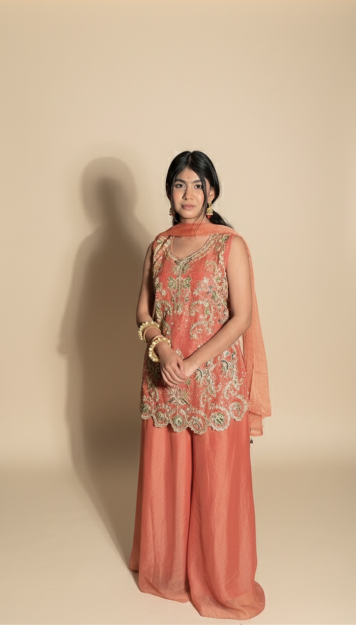 Women's Peach Coral Embroidered Shrara Set with Wide-Leg Palazzo & Dupatta Set | Festive Wear