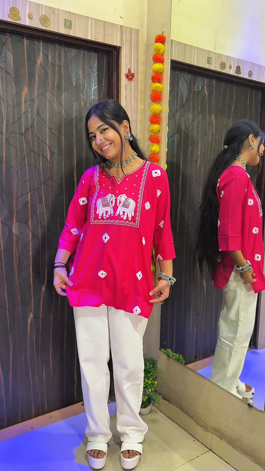Elephant Embroidered Short Kurti