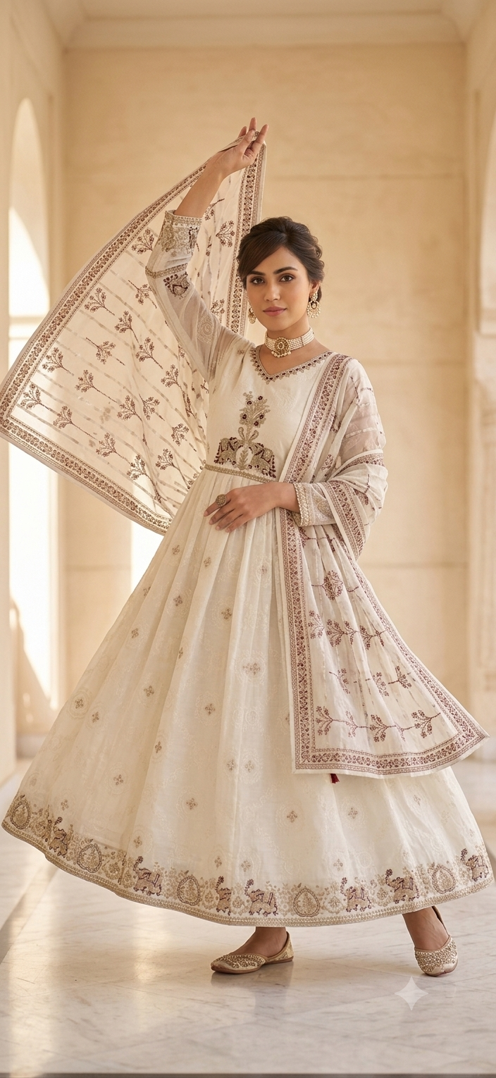 Heritage Embroidered Anarkali Suit Set with Printed Dupatta