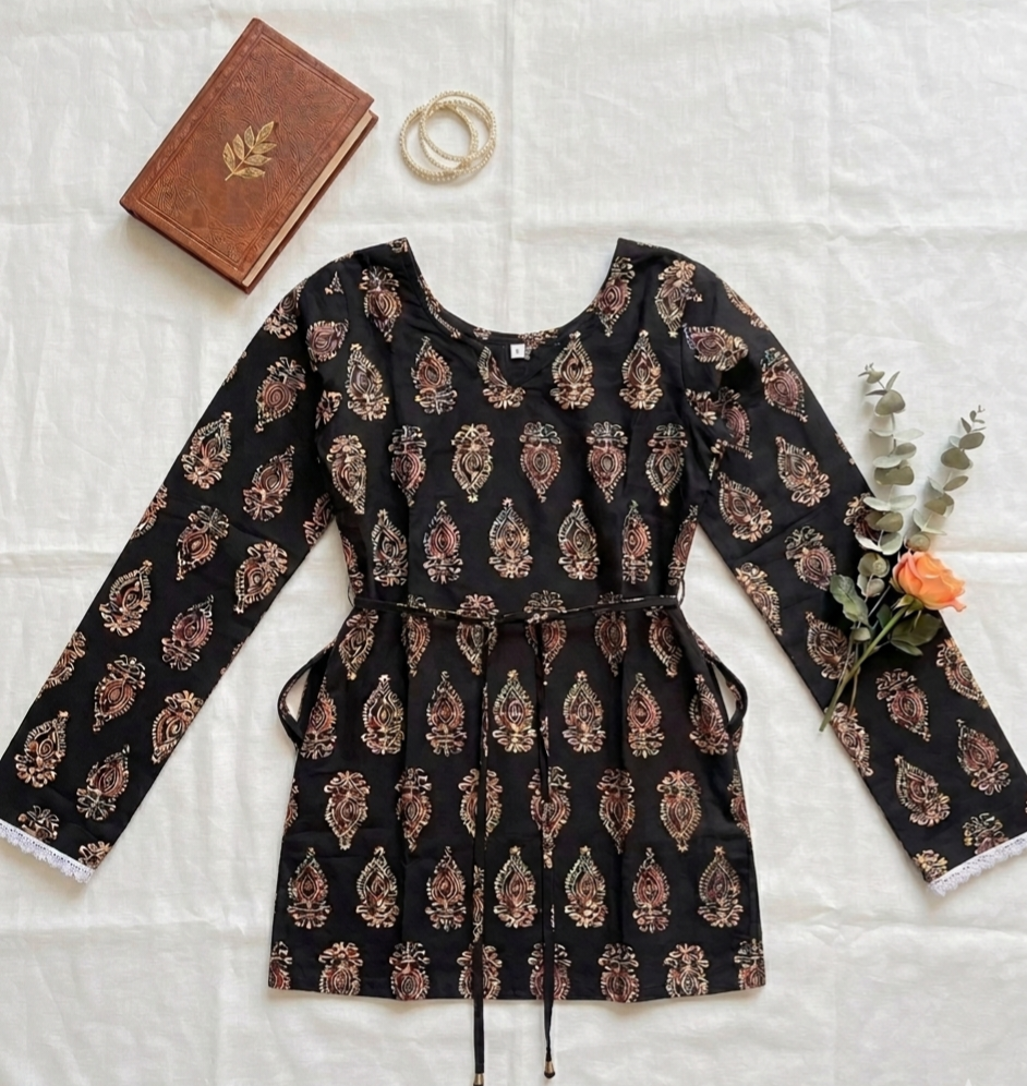Black Ethnic Motif Cotton Short Kurti with Bell Sleeves & Lace Detail