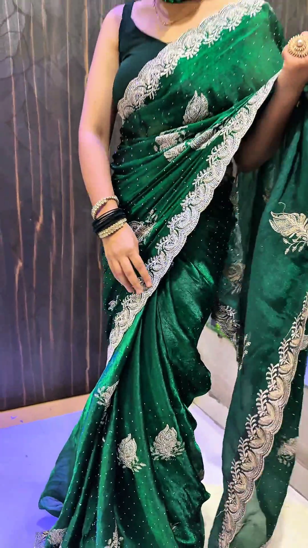 Jimmy Choo Emerald Green Designer Saree with Silver Zari Work